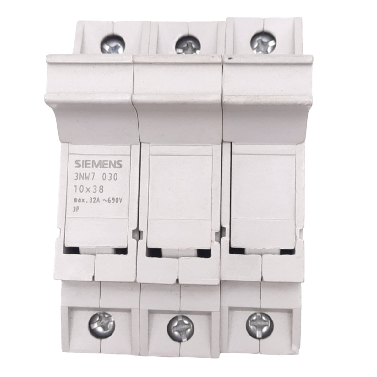 Used Siemens 3NW7 030 Fuse Holder, 3-Pole, 10x38, 690VAC 32A Max, DIN Rail, *Chipped