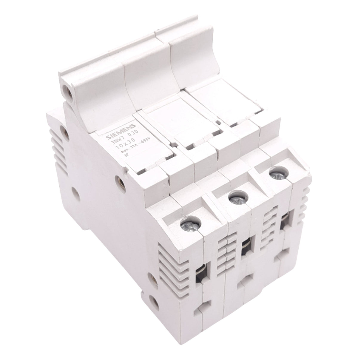 Used Siemens 3NW7 030 Fuse Holder, 3-Pole, 10x38, 690VAC 32A Max, DIN Rail, *Chipped