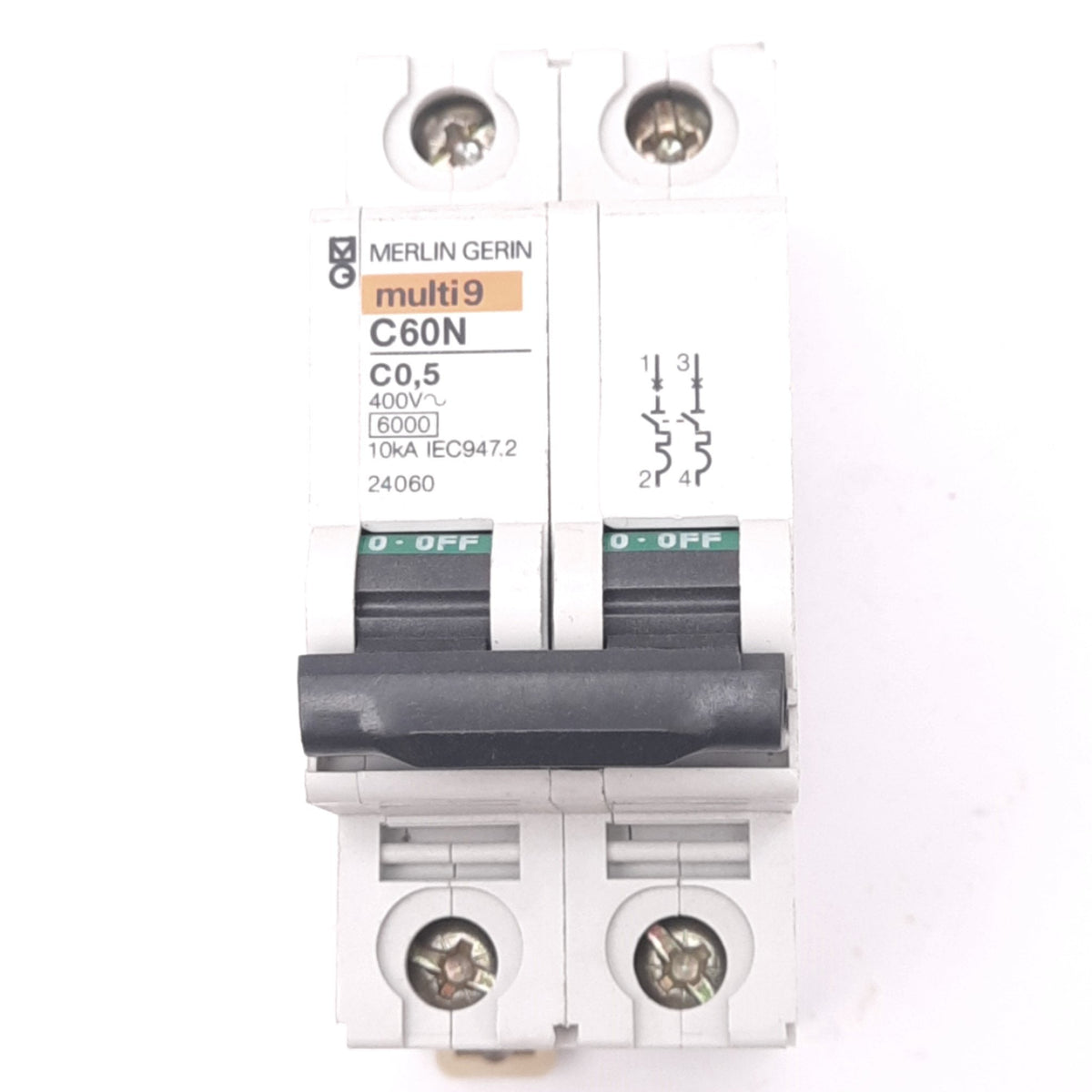 Used Merlin Gerin 24060 C60N-2P-0.5A-C Circuit Breaker, 2-Pole, 0.5A, 400V, DIN Rail