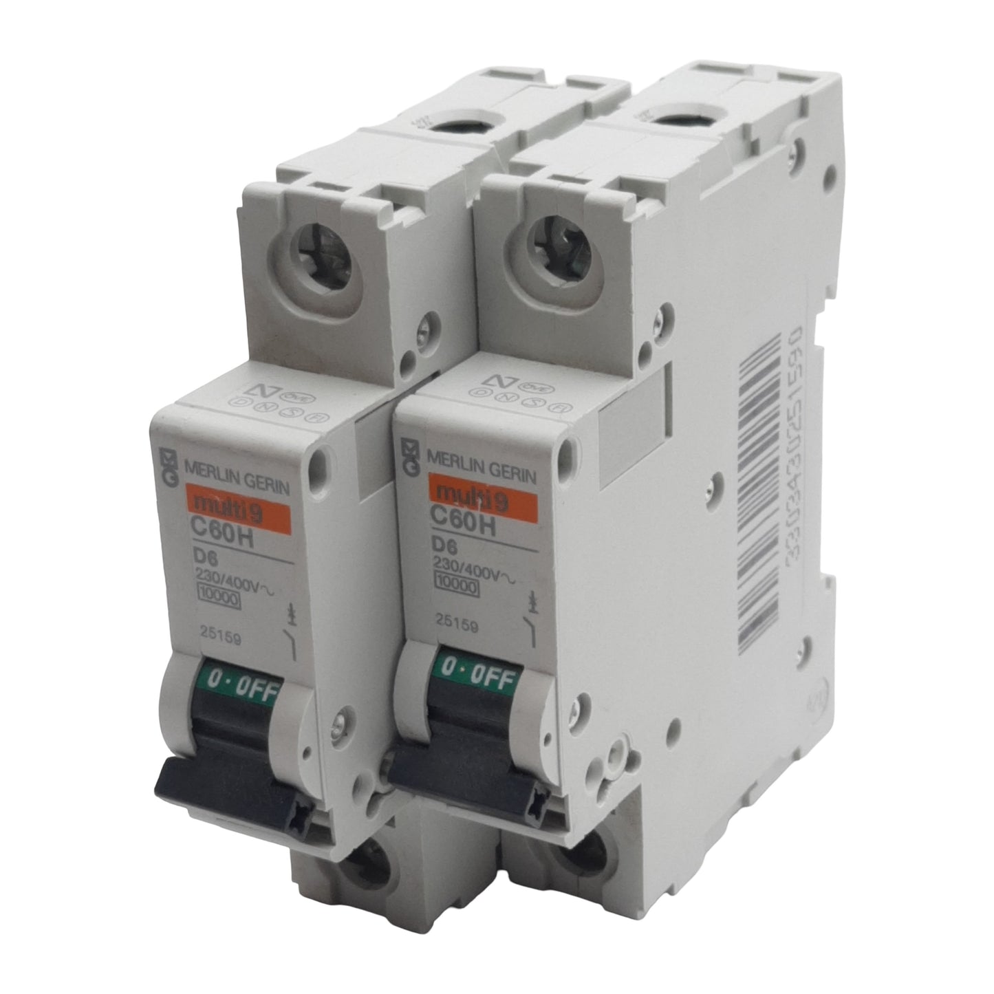 Used Lot of 2 Merlin Gerin 25159 C60H Circuit Breaker 1-Pole, 6A 230/400VAC, DIN Rail