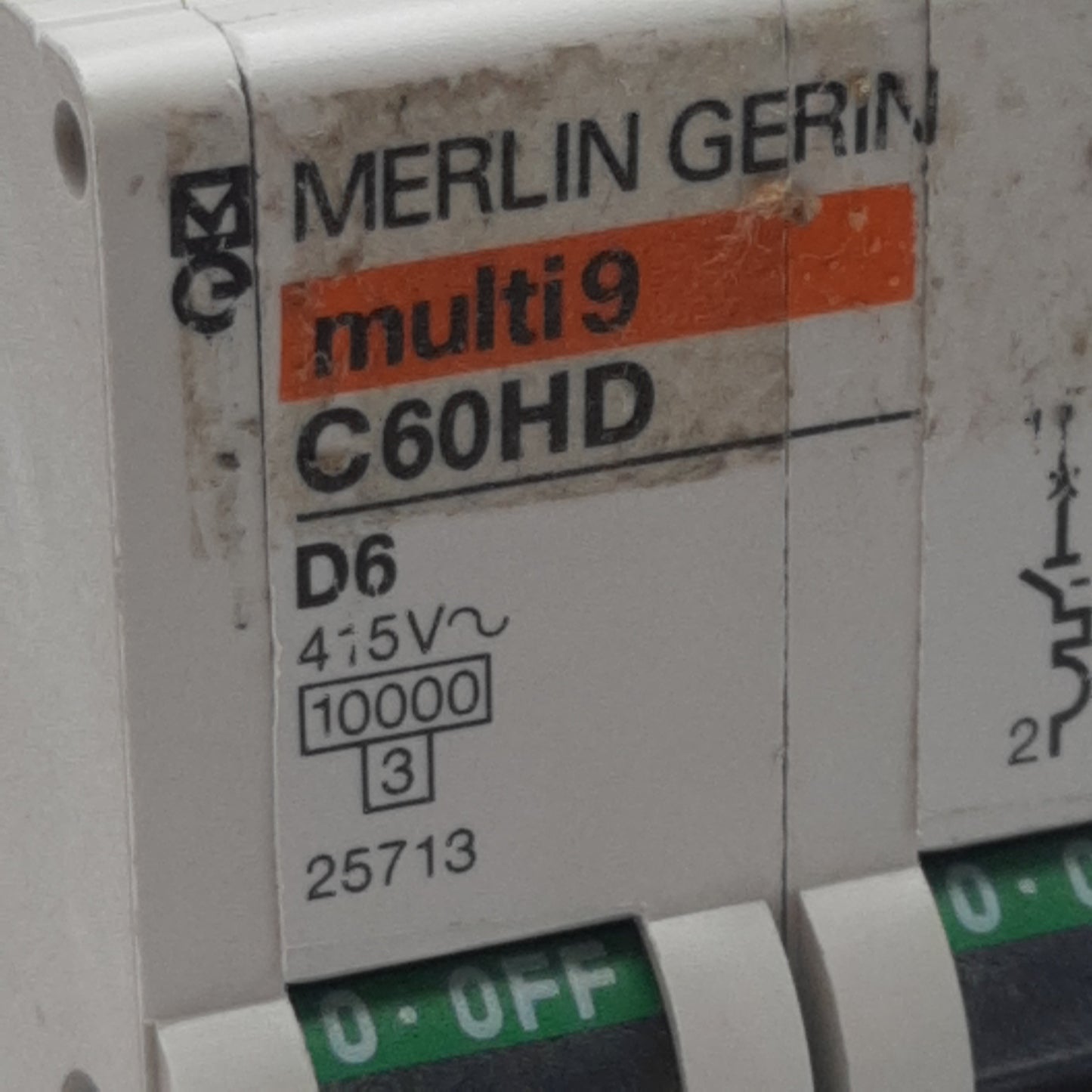 Used Merlin Gerin 25713 C60HD Circuit Breaker, 2-Pole, 6A 415VAC, D-Curve, DIN Rail
