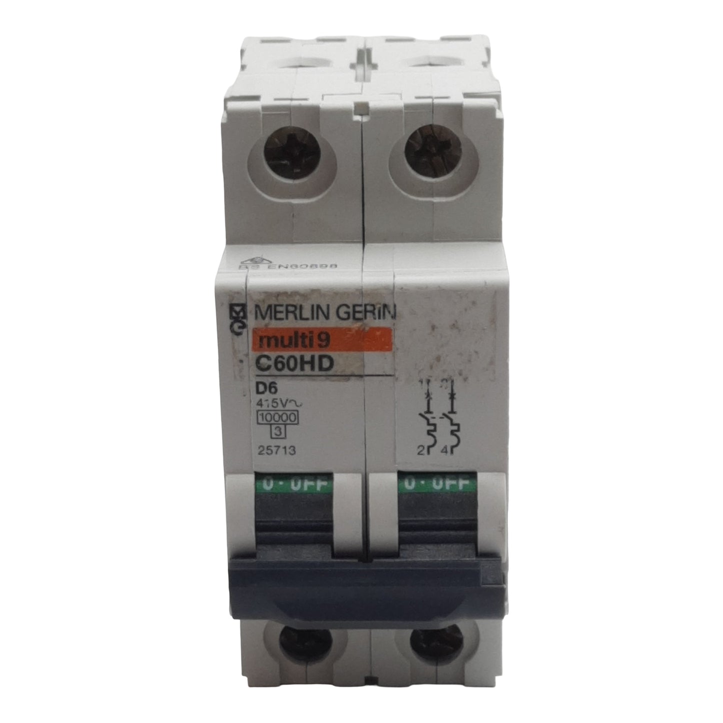 Used Merlin Gerin 25713 C60HD Circuit Breaker, 2-Pole, 6A 415VAC, D-Curve, DIN Rail