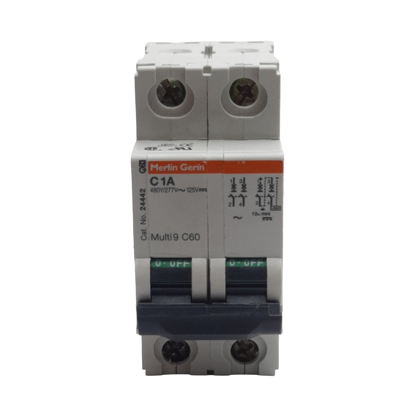 Used Merlin Gerin 24442 Circuit Breaker, 2-Pole, 1A 480Y/277VAC, C-Curve, DIN Rail