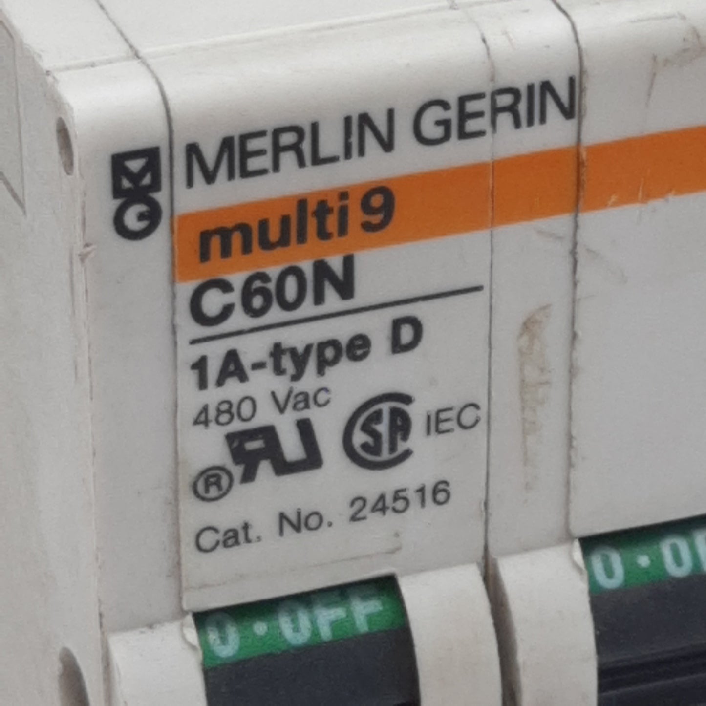 Used Merlin Gerin 24516 Circuit Breaker, 2-Pole, 1A 480VAC, D-Trip, DIN Rail