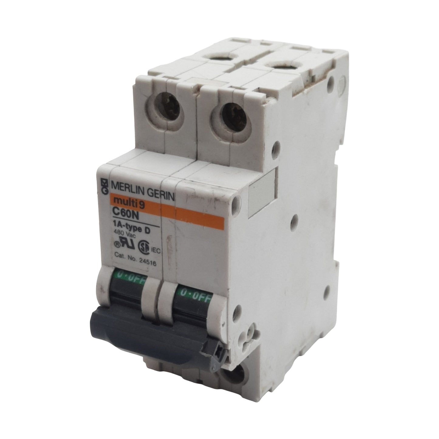 Used Merlin Gerin 24516 Circuit Breaker, 2-Pole, 1A 480VAC, D-Trip, DIN Rail