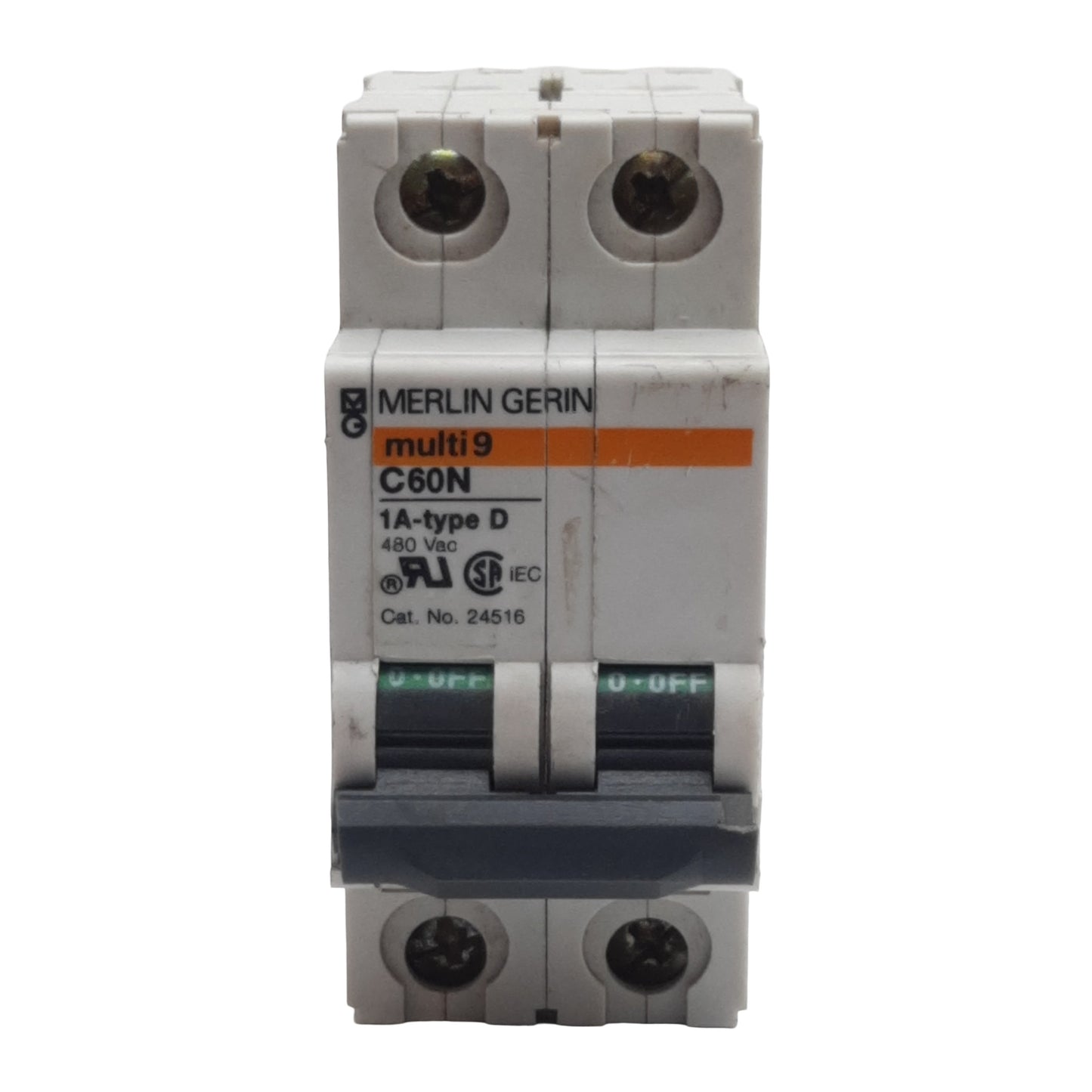 Used Merlin Gerin 24516 Circuit Breaker, 2-Pole, 1A 480VAC, D-Trip, DIN Rail