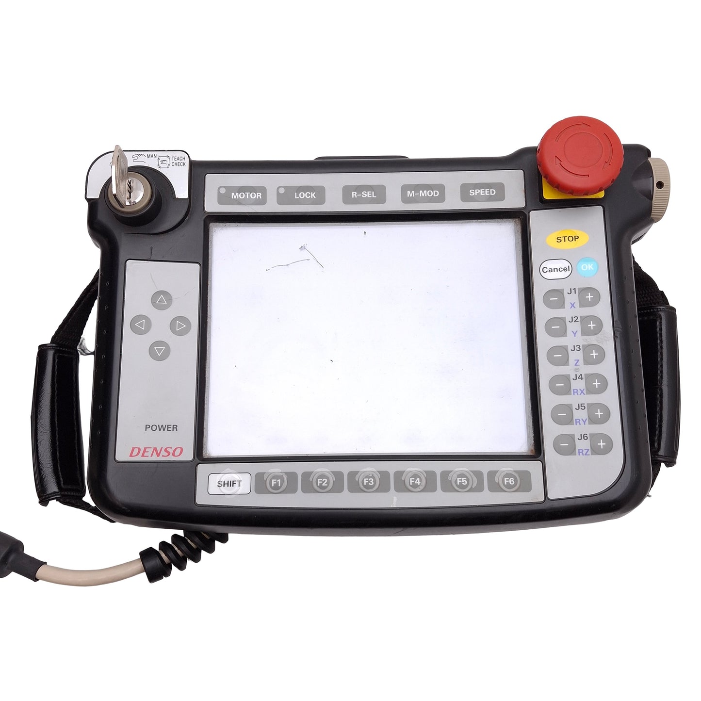 Used Denso TP-RC7M-1 Robot Teaching Pendant w/ Key & Cable, 7.5in, 24VDC *Scratched*