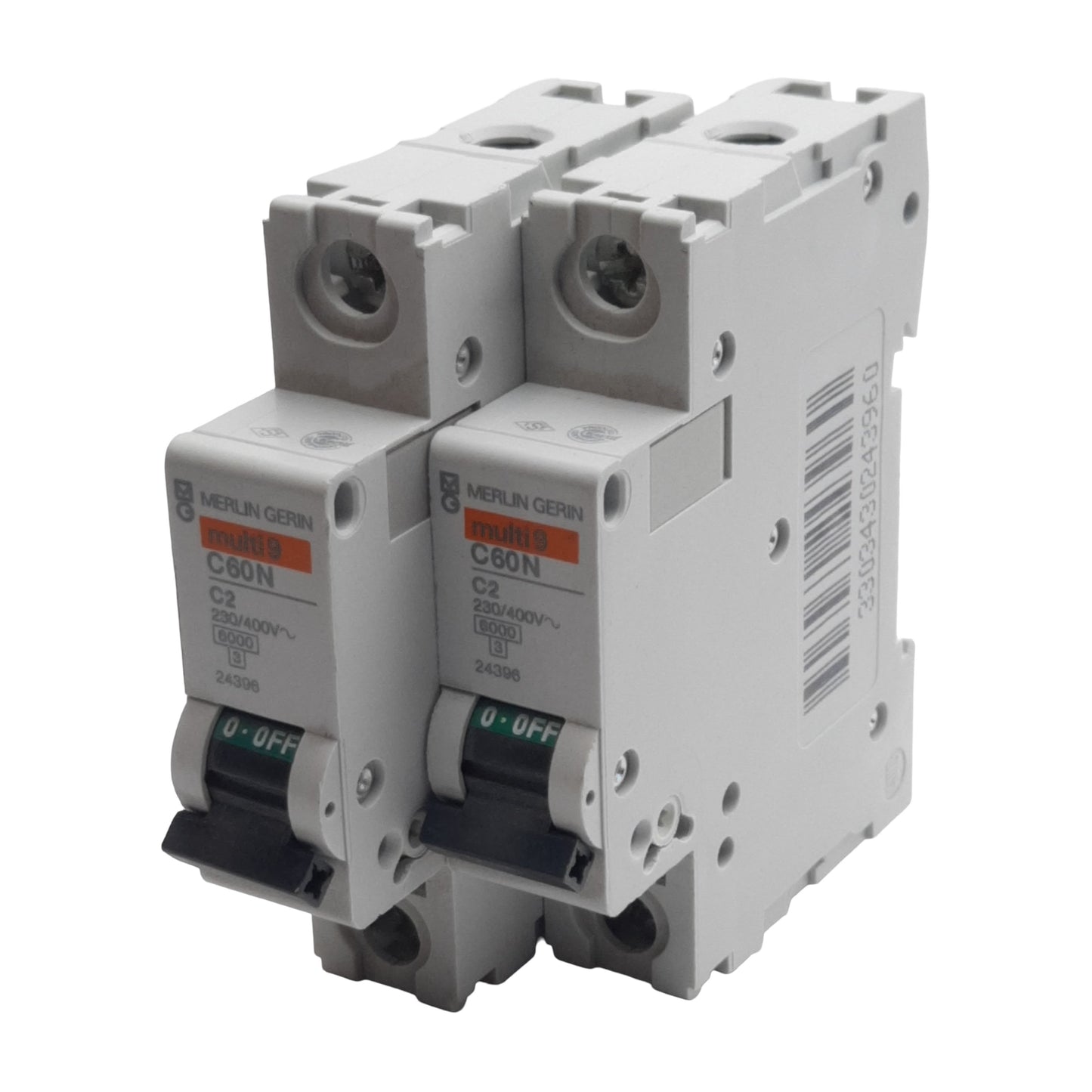 Used Lot of 2 Merlin Gerin 24396 Circuit Breaker, 1-Pole, 2A 230/400VAC, DIN Rail