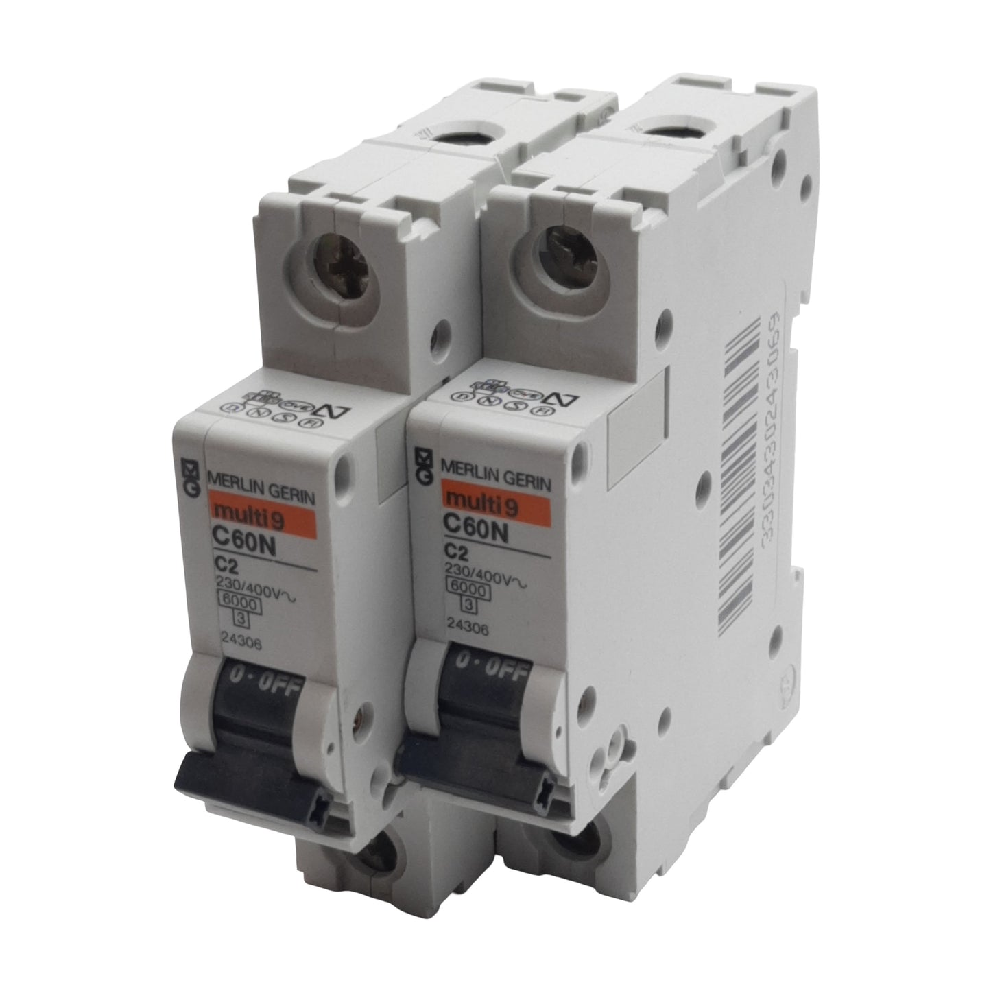 Used Lot of 2 Merlin Gerin 24306 Circuit Breaker, 1-Pole, 2A 230/400VAC, DIN Rail