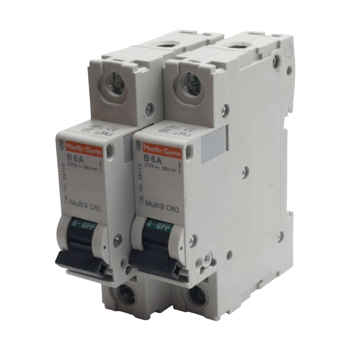 Used Lot of 2 Merlin Gerin 24114 Circuit Breaker, 1-Pole, 6A 277VAC/65VDC, DIN Rail
