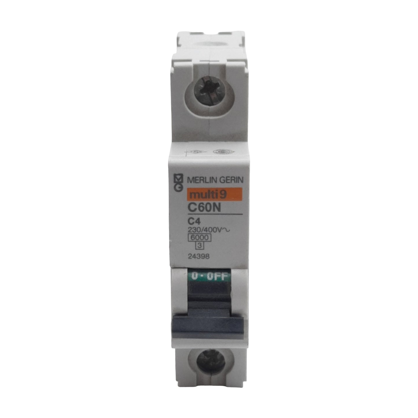 Used Merlin Gerin 24398 Circuit Breaker, 1-Pole, 4A 230/400VAC, C-Curve, DIN Rail