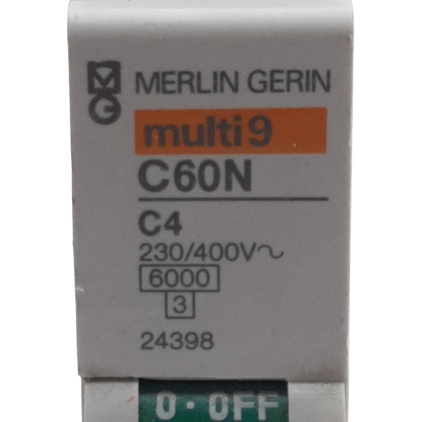 Used Merlin Gerin 24398 Circuit Breaker, 1-Pole, 4A 230/400VAC, C-Curve, DIN Rail