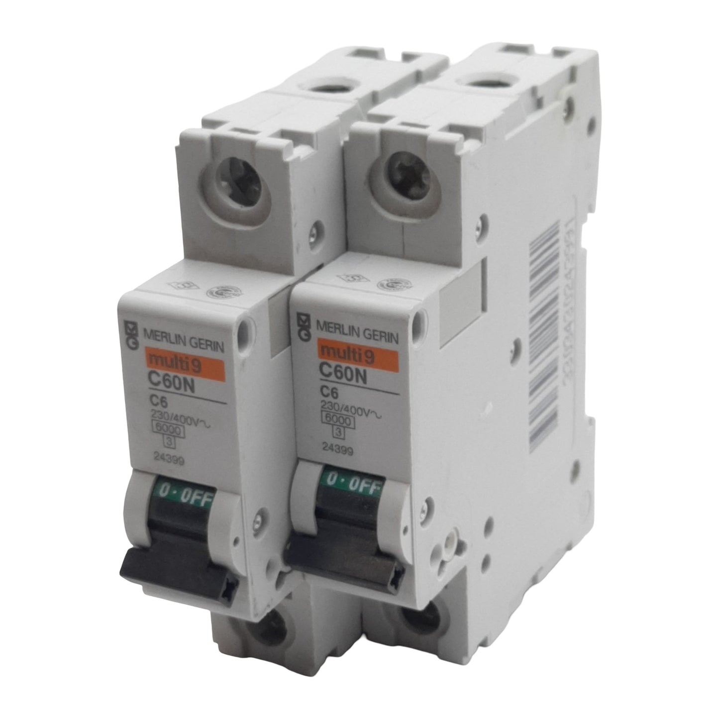 Used Lot of 2 Merlin Gerin 24399 Circuit Breaker, 1-Pole, 6A 230/400VAC, DIN Rail