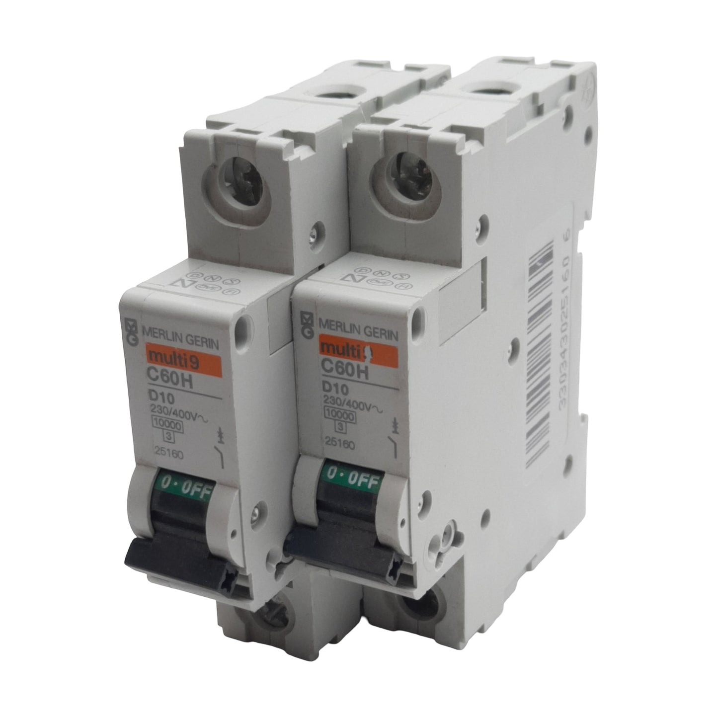 Used Lot of 2 Merlin Gerin 25160 Circuit Breaker, 1-Pole, 10A 230/400VAC, DIN Rail