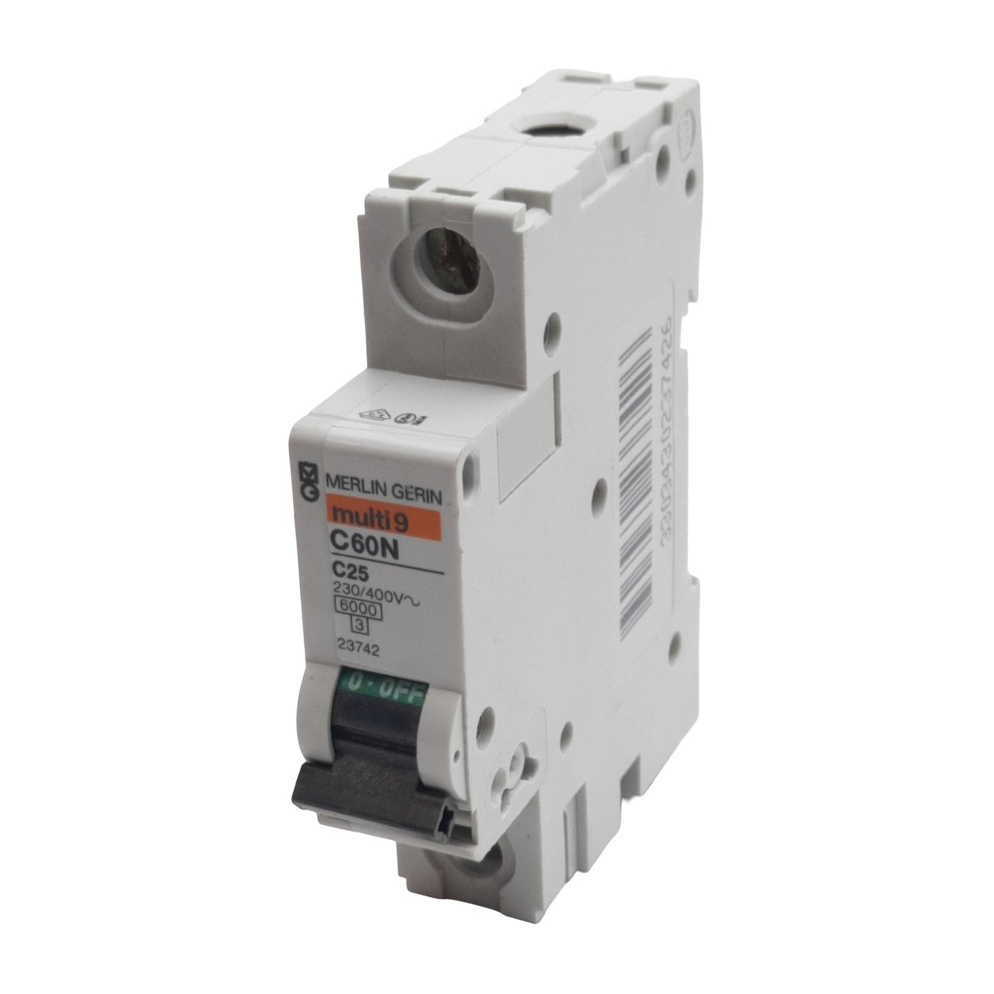Used Merlin Gerin 23742 Circuit Breaker, 1-Pole, 25A 230/400VAC, C-Curve, DIN Rail