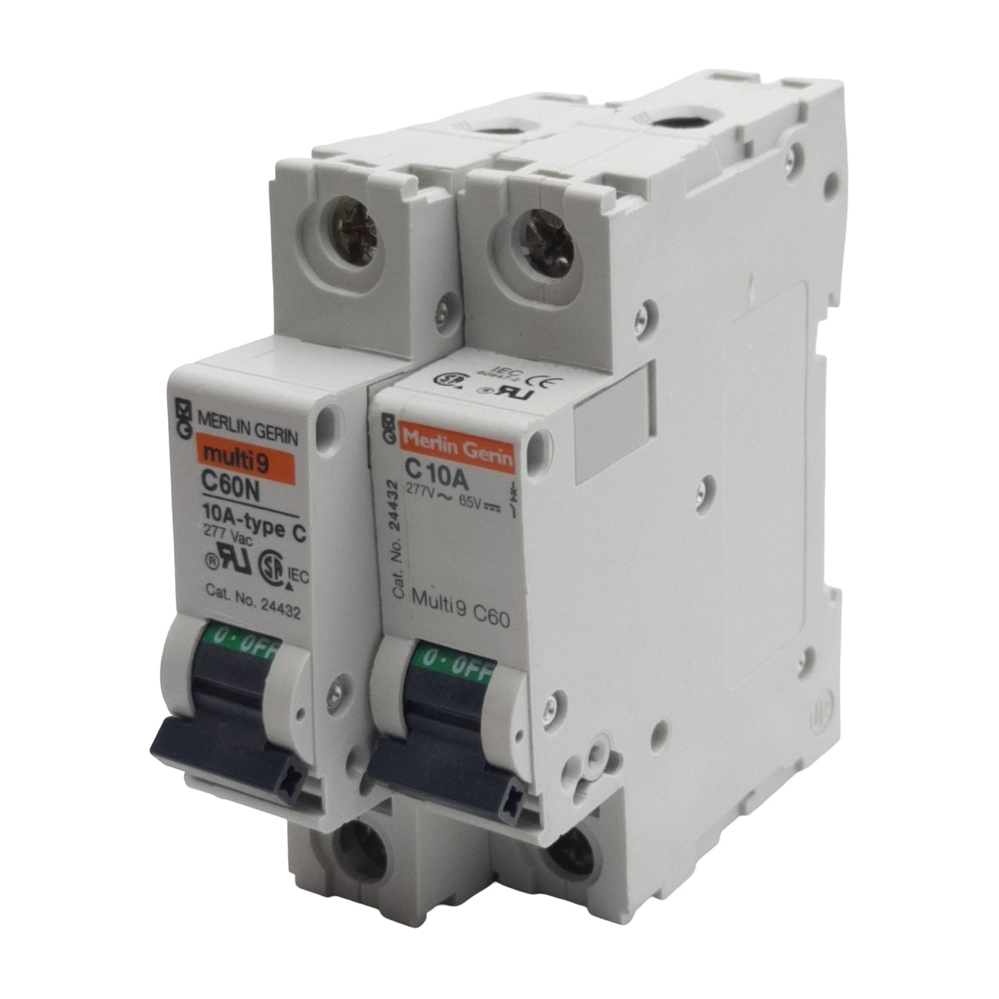Used Lot of 2 Merlin Gerin 24432 Circuit Breaker, 1-Pole, 10A 277VAC/65VDC, DIN Rail