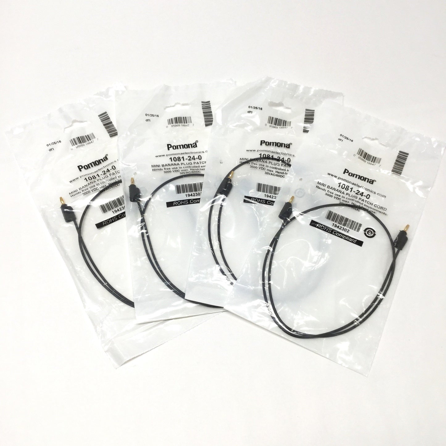 New Lot of 4 Pomona 1081-24-0 Stackable Mini Banana Plug Patch Cords, Black, 24" L