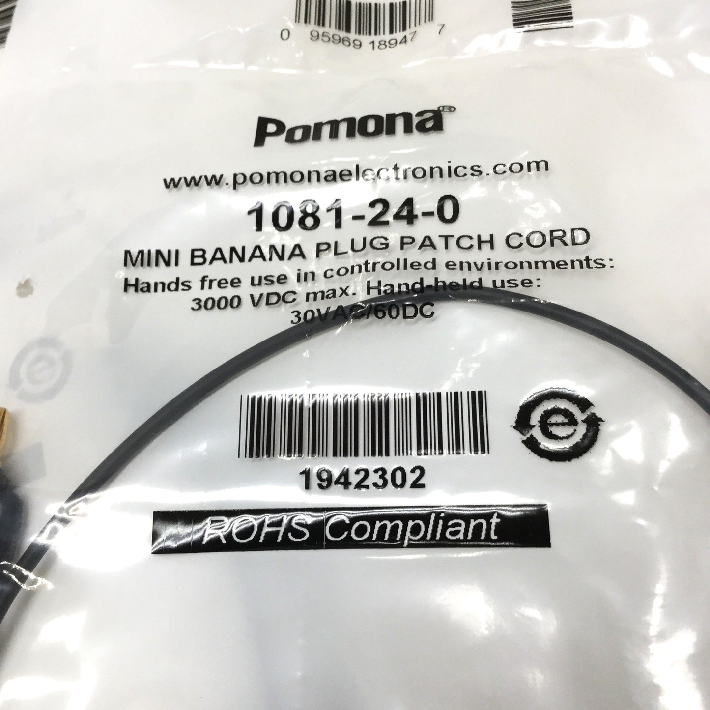 New Lot of 4 Pomona 1081-24-0 Stackable Mini Banana Plug Patch Cords, Black, 24" L