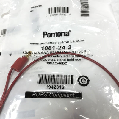 New Lot of 4 Pomona 1081-24-2 Stackable Mini Banana Plug Patch Cords, Red, 24" L