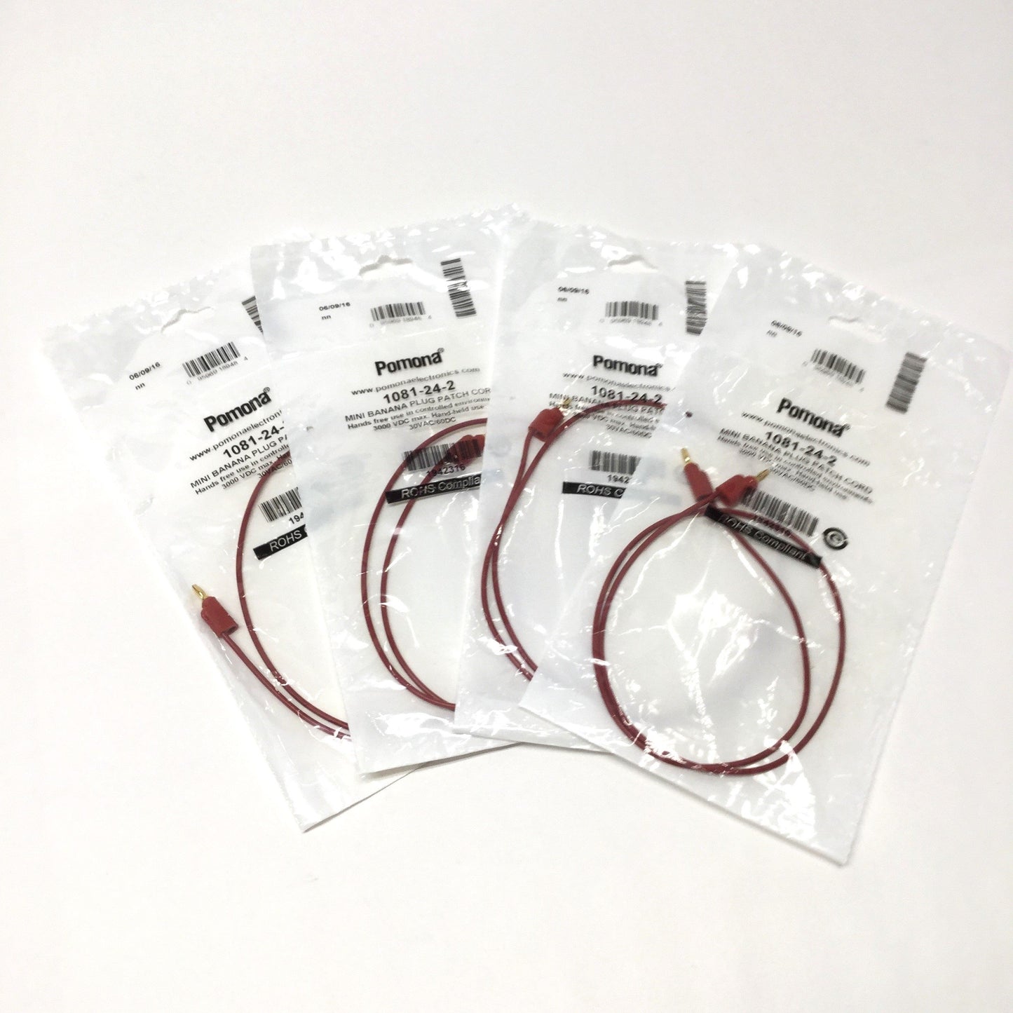 New Lot of 4 Pomona 1081-24-2 Stackable Mini Banana Plug Patch Cords, Red, 24" L