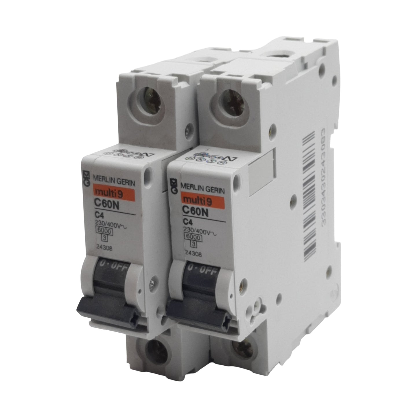 Used Lot of 2 Merlin Gerin 24308 Circuit Breaker, 1-Pole, 4A 230/400VAC, DIN Rail