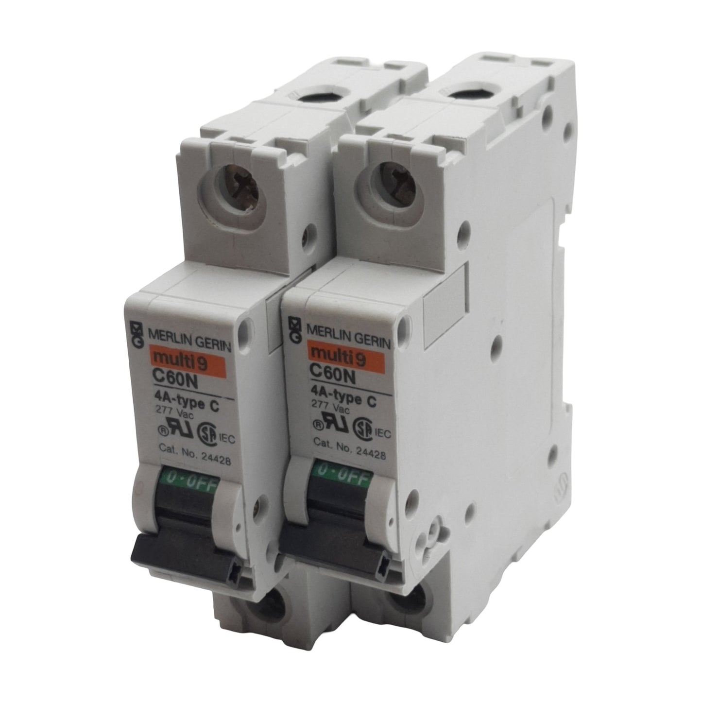 Used Lot of 2 Merlin Gerin 24428 Circuit Breaker 1-Pole, 4A 277VAC, C-Curve, DIN Rail