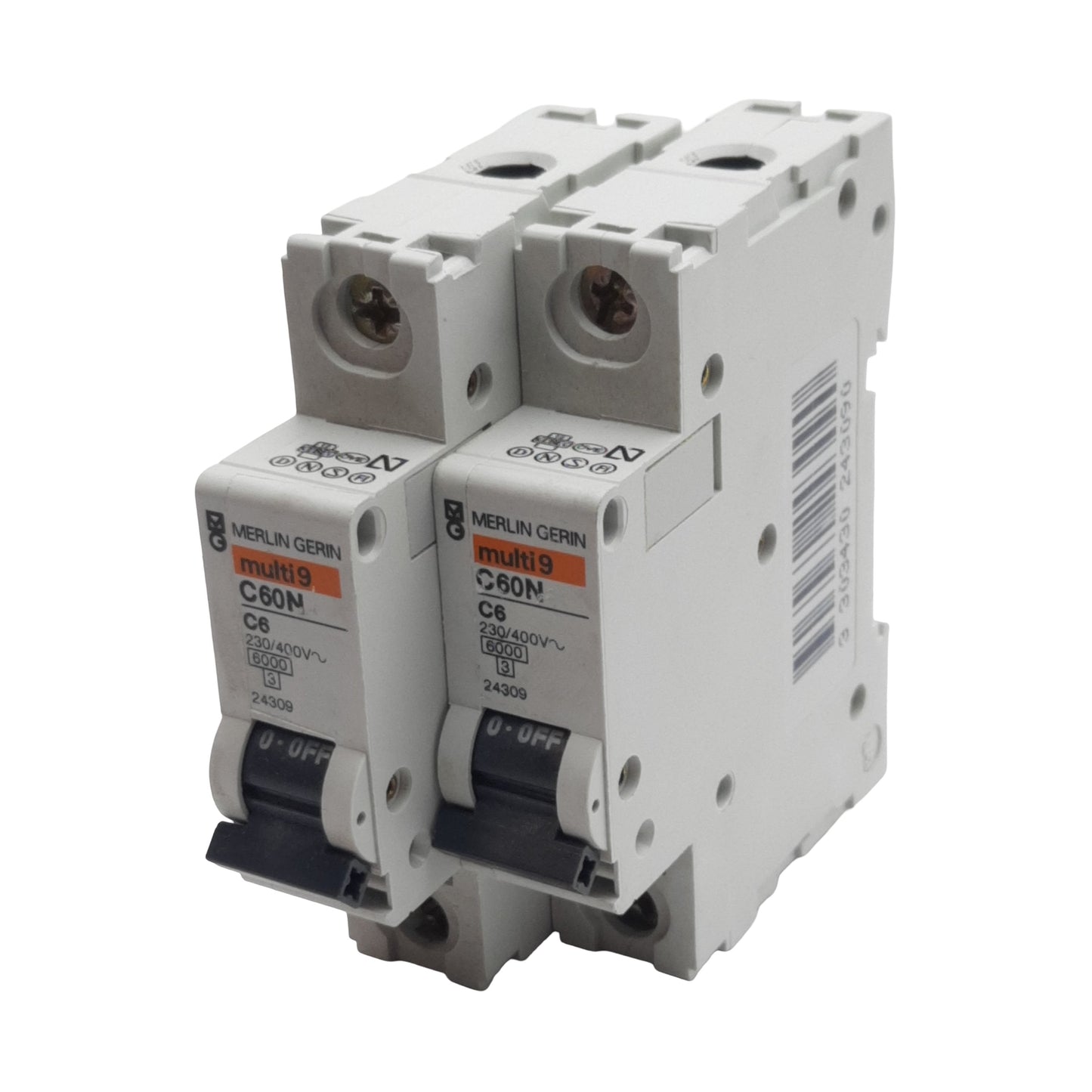 Used Lot of 2 Merlin Gerin 24309 Circuit Breaker, 1-Pole, 6A 230/400VAC, DIN Rail