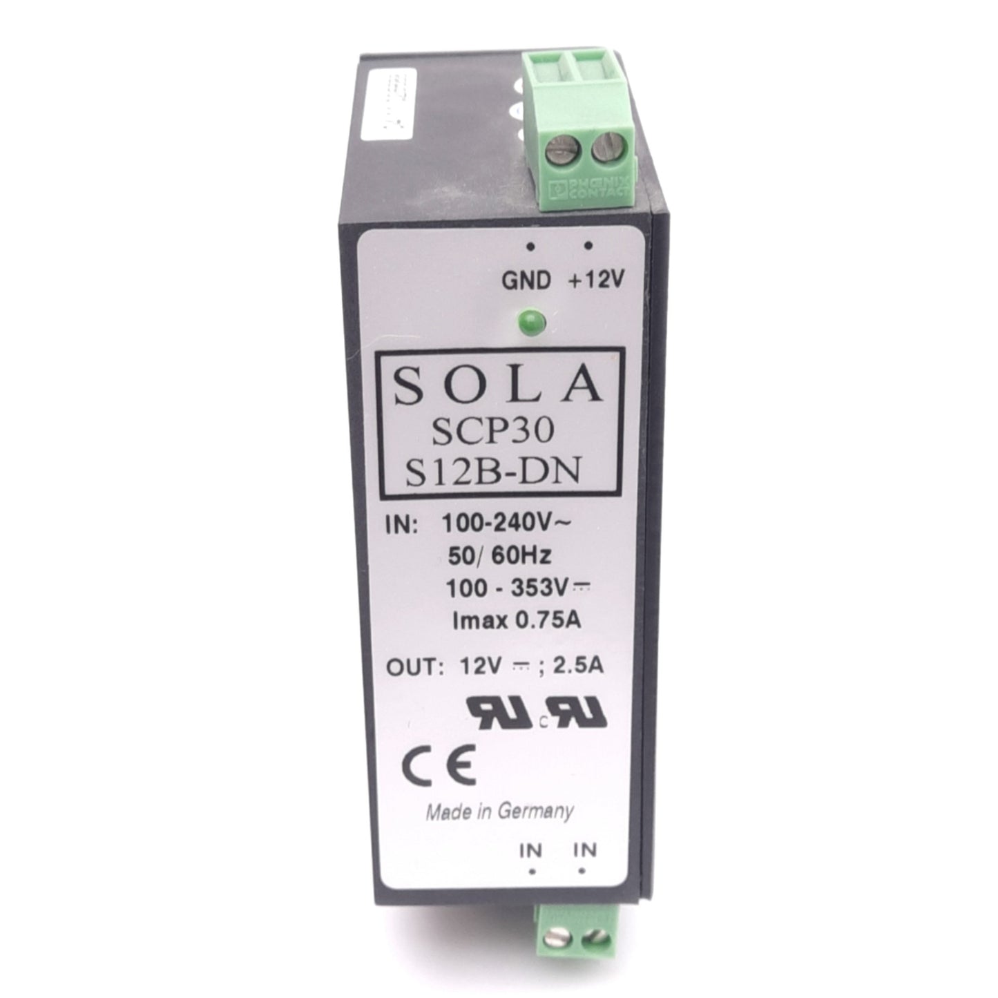 New – Open box SOLA SCP30 S12B-DN Switching Power Supply, 100-240VAC In, 12VDC 2.5A Out, 30W