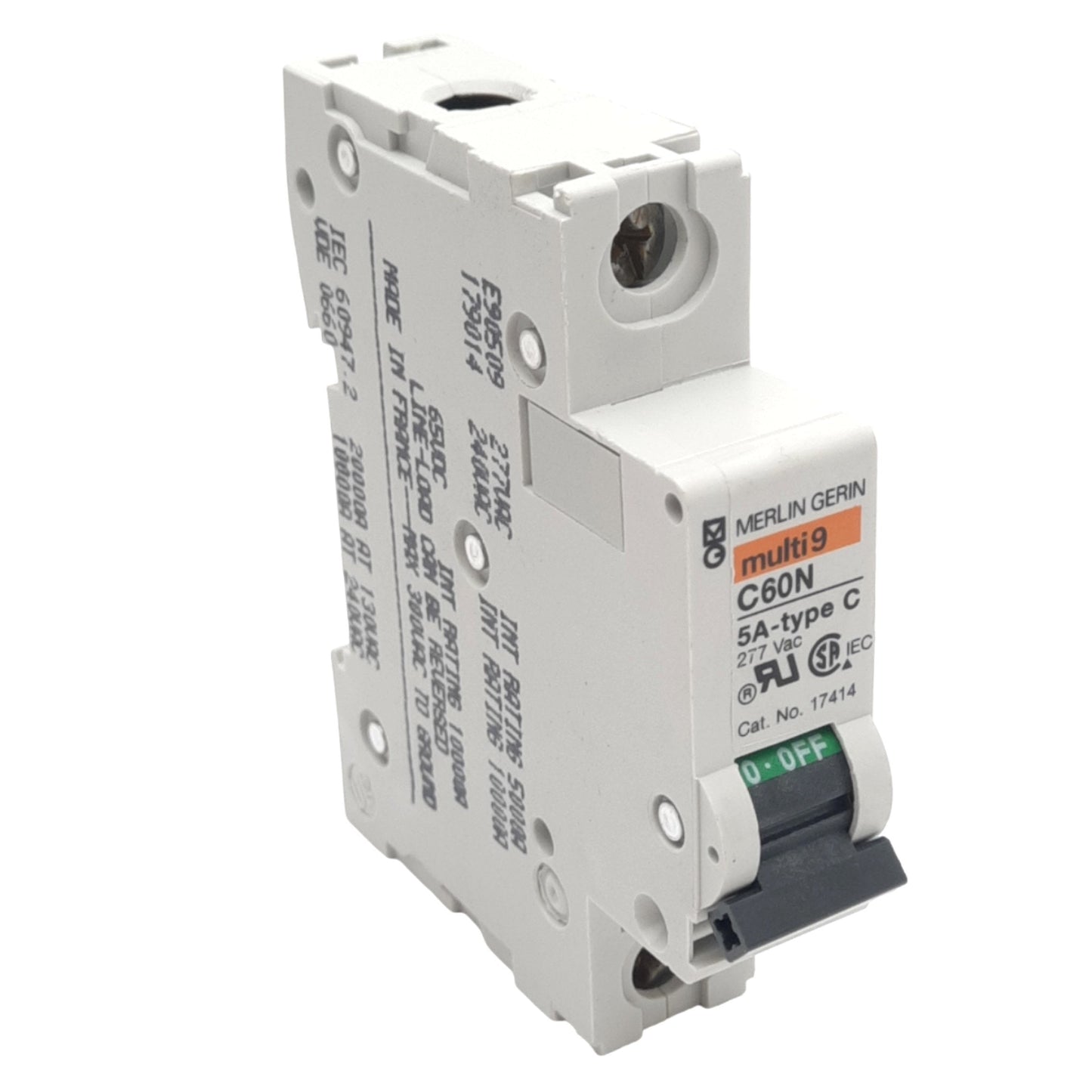 Used Merlin Gerin 17414 C60N-1P-5A-C Circuit Breaker, 277VAC/65VDC Max, 5A, DIN Rail