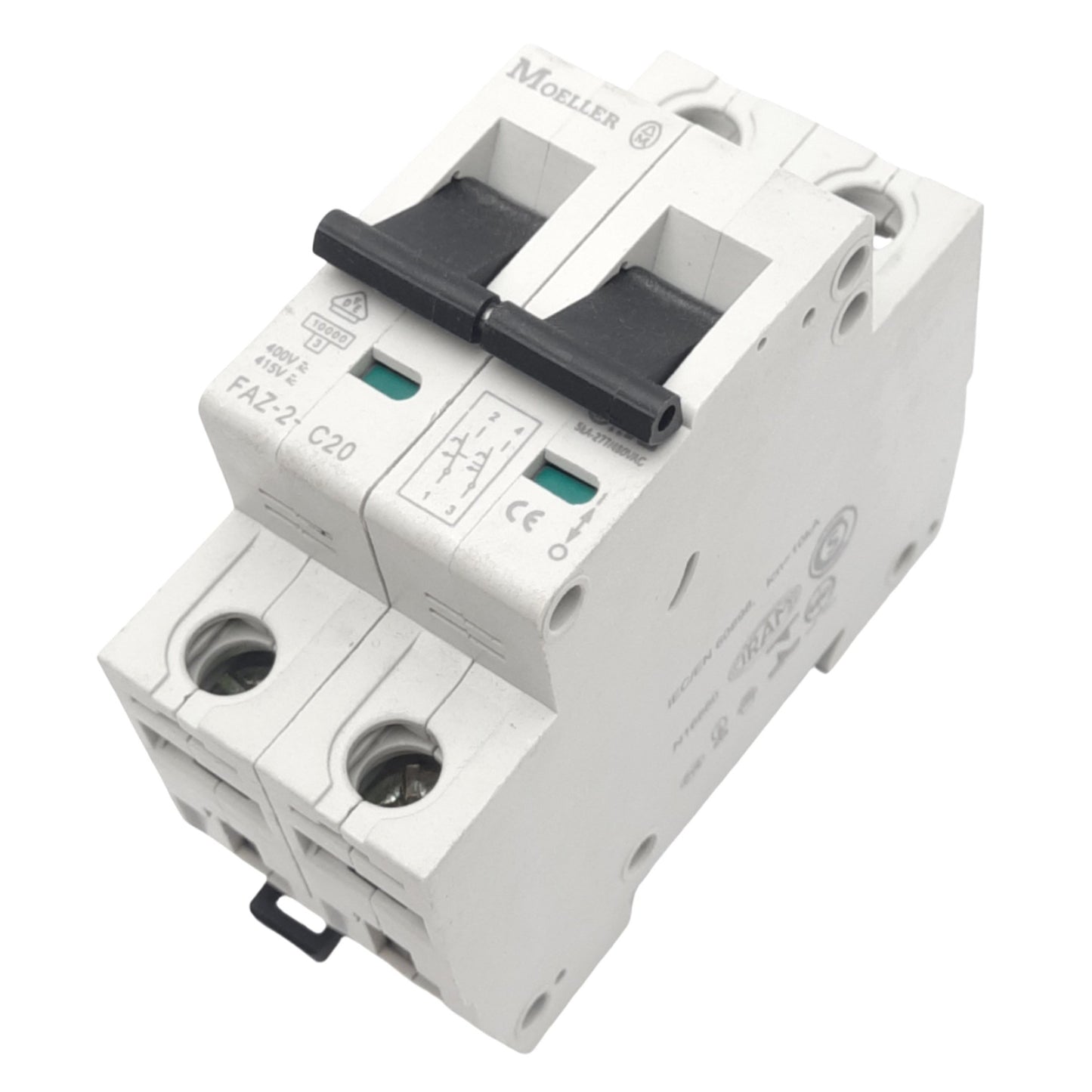 Used Moeller FAZ-2-C20 Circuit Breaker, 2-Pole, 20A, 480Y/277VAC, C-Curve, DIN Rail