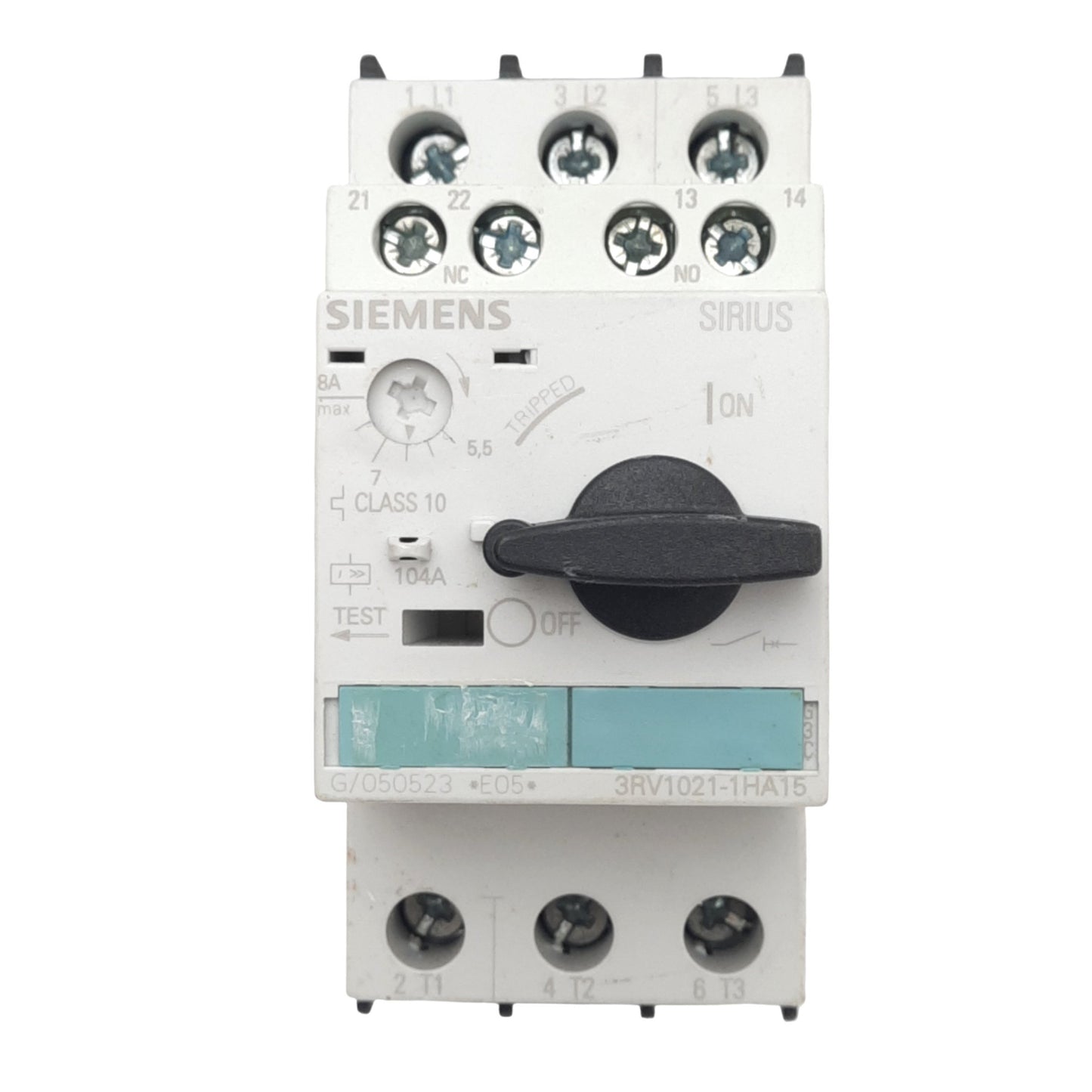 Used Siemens 3RV1021-1HA15 Motor Starter, 5.5-8A, 1NO 1NC Aux, 690VAC Max, DIN Rail