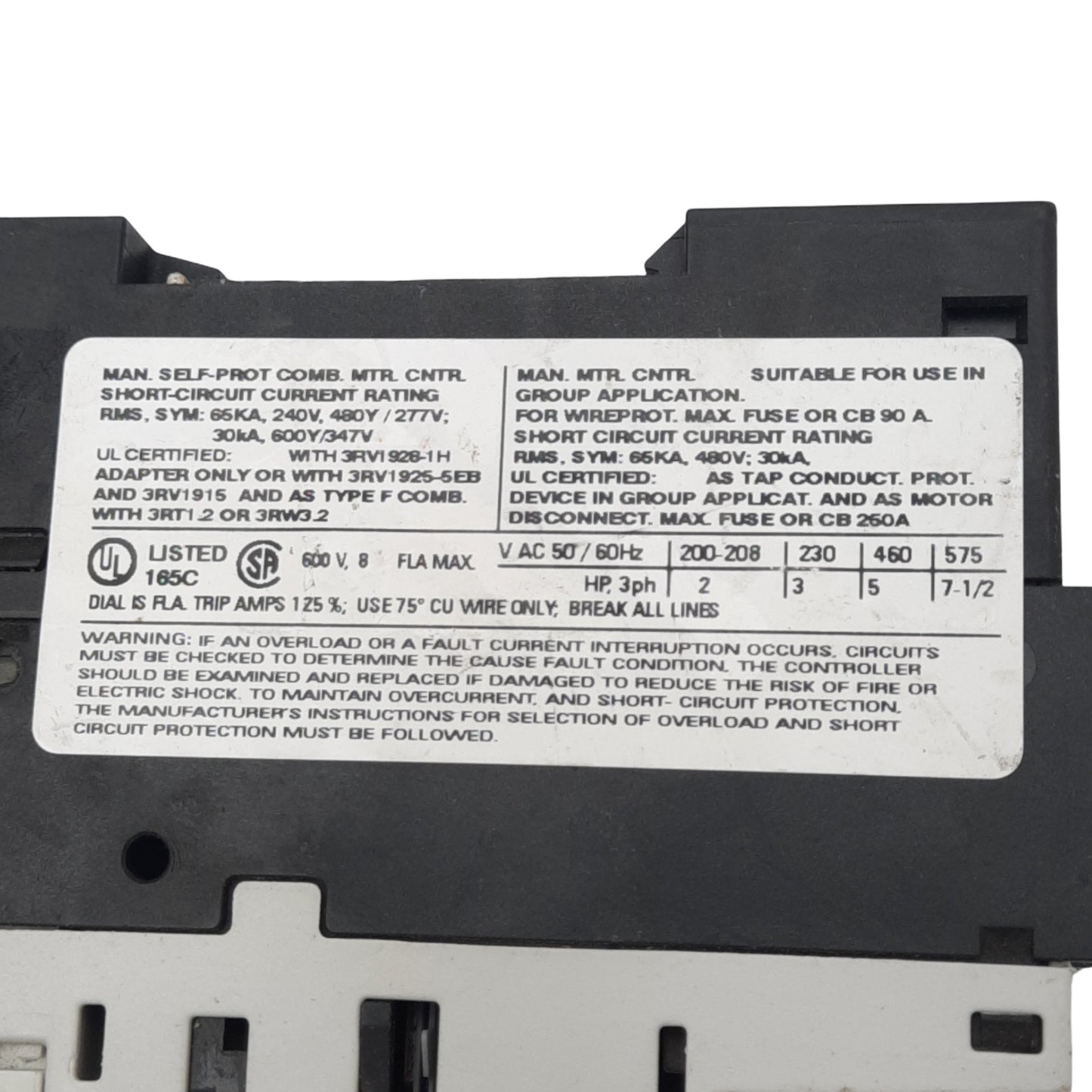 Used Siemens 3RV1021-1HA15 Motor Starter, 5.5-8A, 1NO 1NC Aux, 690VAC Max, DIN Rail