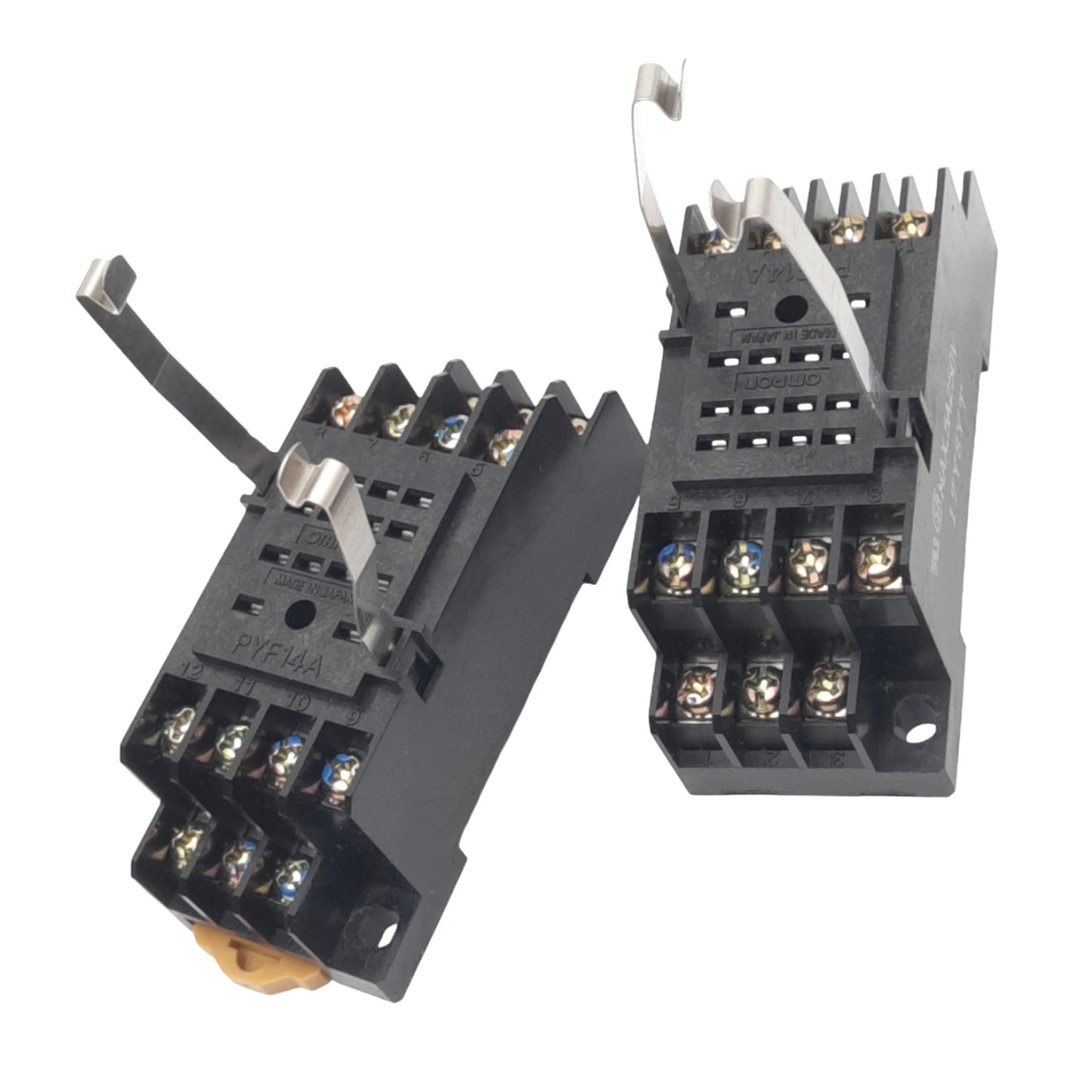Used Lot of 2 Omron PYF14A Relay Sockets, 14-Pin Blade, 250V 5A Max, DIN Rail