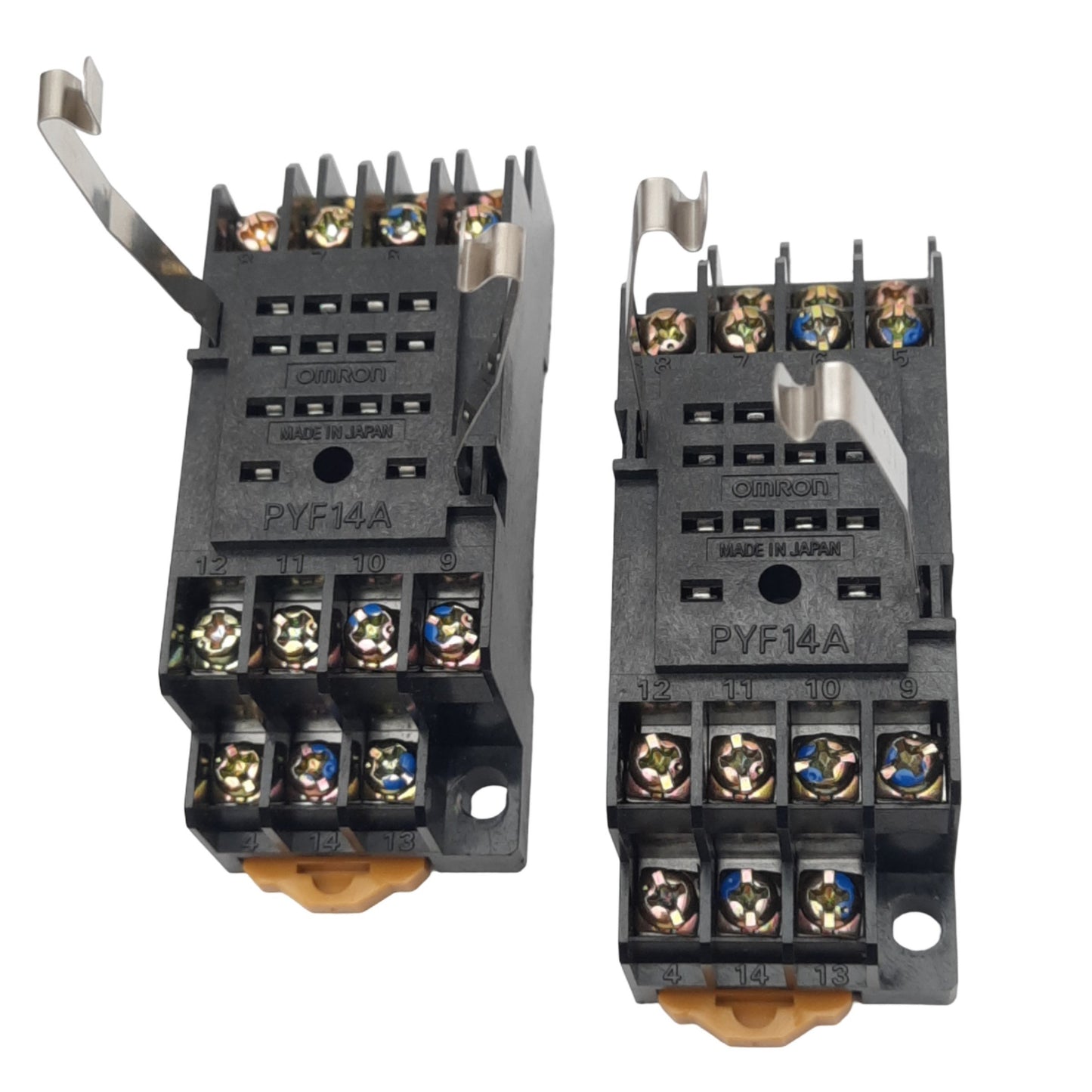 Used Lot of 2 Omron PYF14A Relay Sockets, 14-Pin Blade, 250V 5A Max, DIN Rail