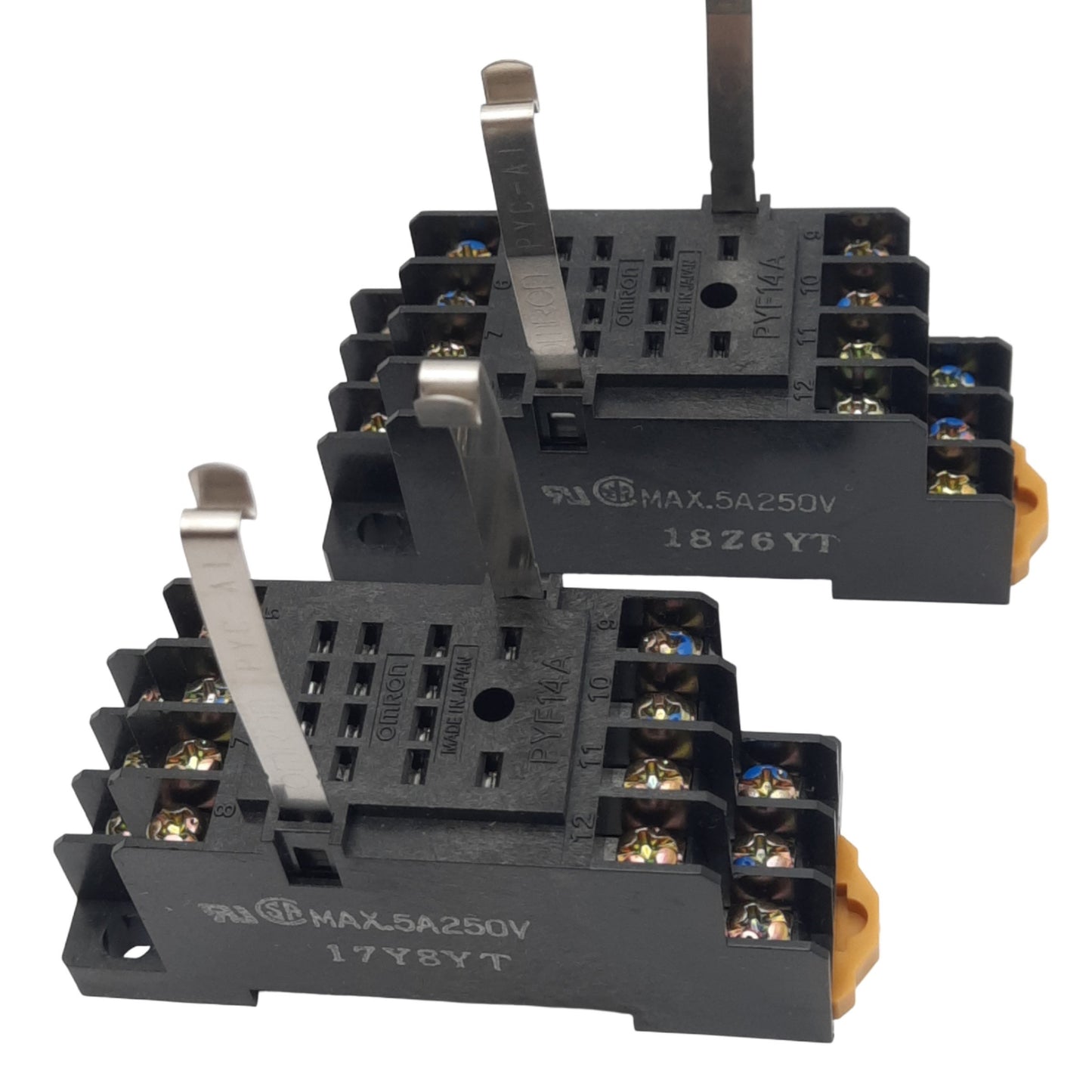 Used Lot of 2 Omron PYF14A Relay Sockets, 14-Pin Blade, 250V 5A Max, DIN Rail