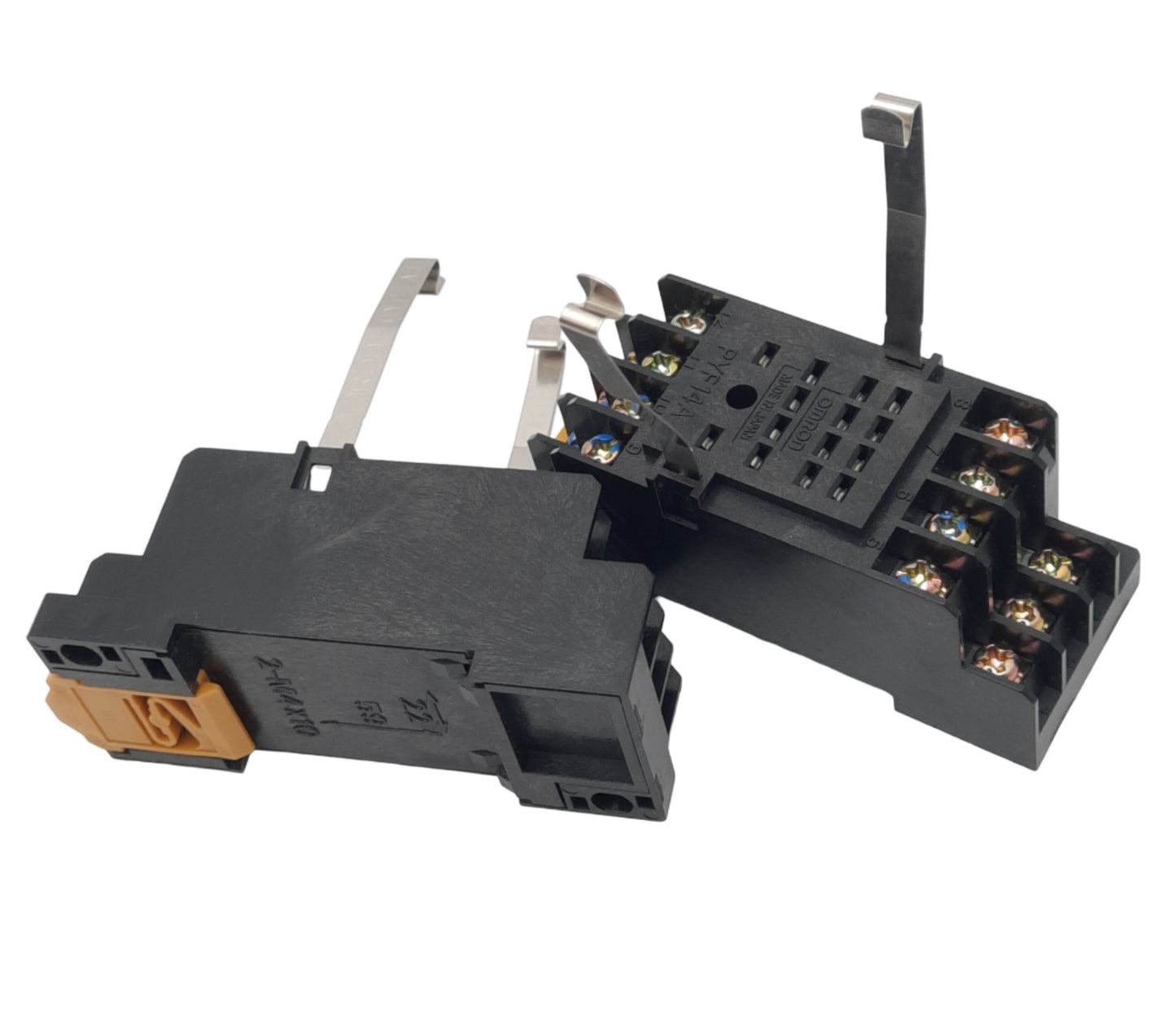 Used Lot of 2 Omron PYF14A Relay Sockets, 14-Pin Blade, 250V 5A Max, DIN Rail