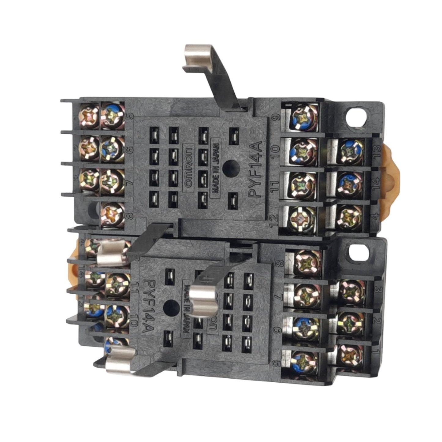 Used Lot of 2 Omron PYF14A Relay Sockets, 14-Pin Blade, 250V 5A Max, DIN Rail