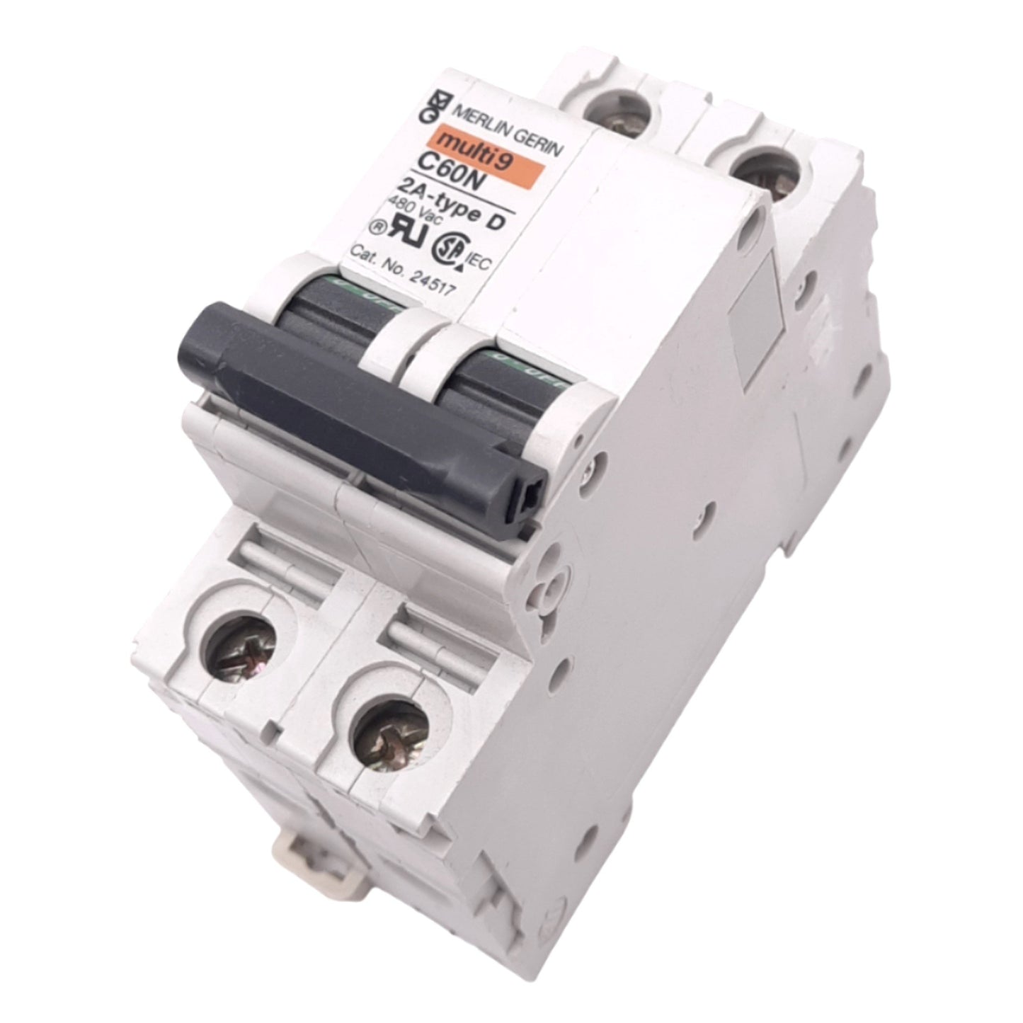 Used Merlin Gerin 24517 C60N-2P-2A-D Circuit Breaker, 480VAC Max, 2A, DIN Rail