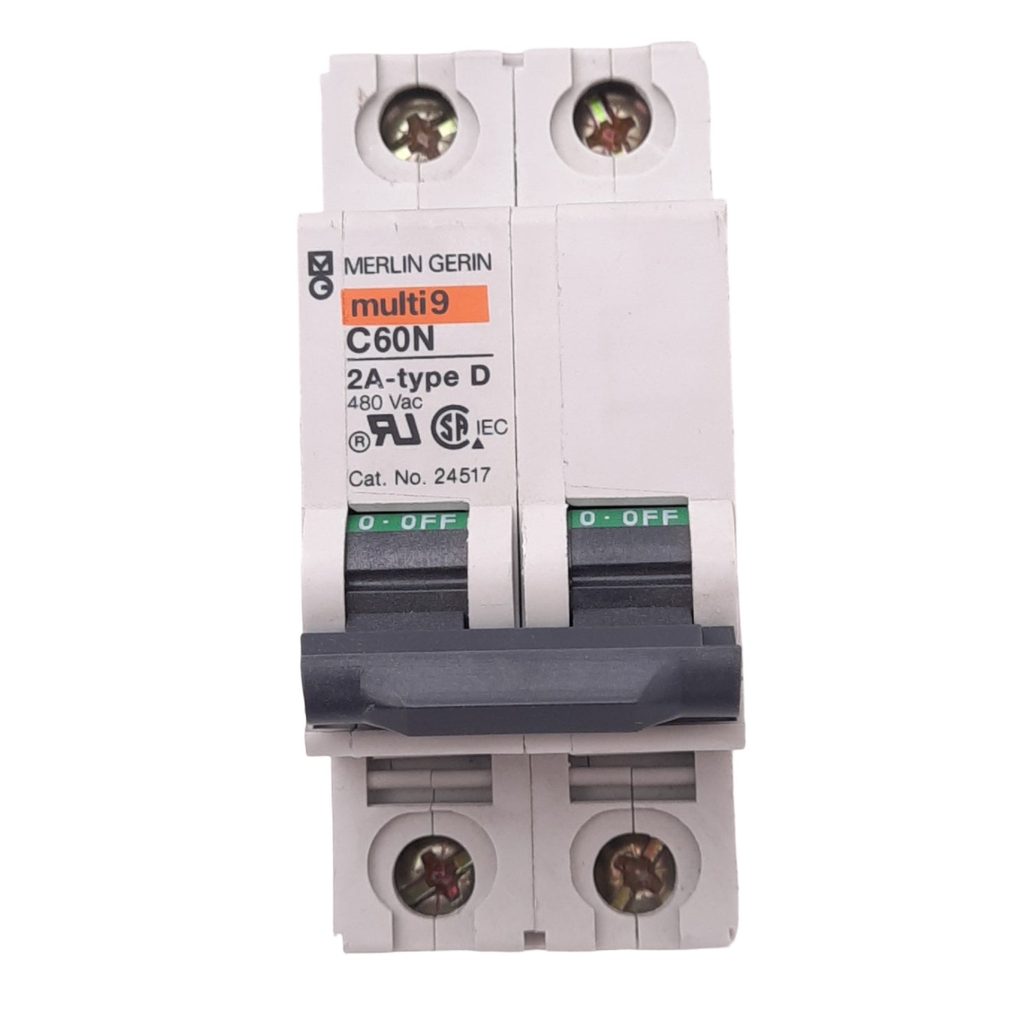 Used Merlin Gerin 24517 C60N-2P-2A-D Circuit Breaker, 480VAC Max, 2A, DIN Rail