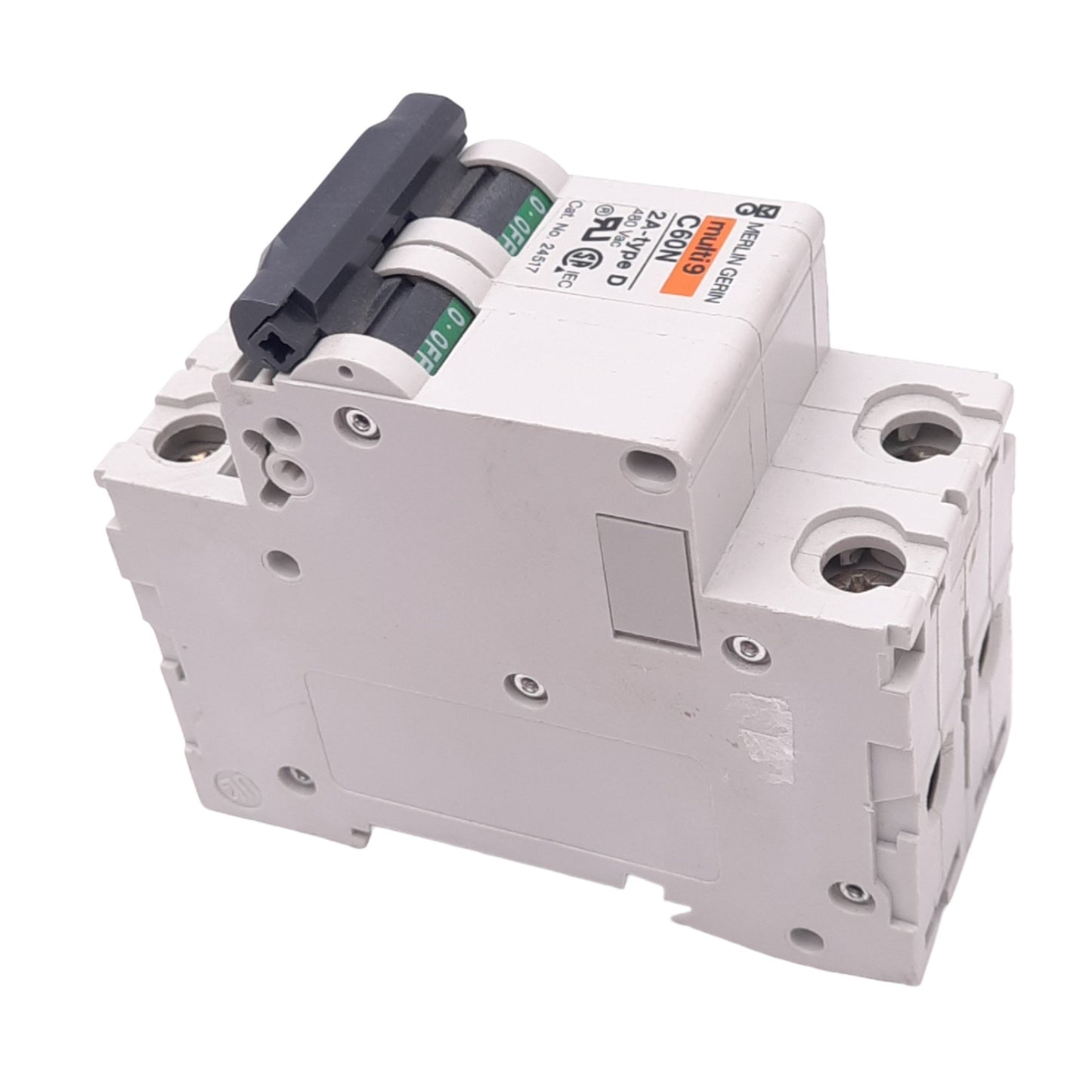 Used Merlin Gerin 24517 C60N-2P-2A-D Circuit Breaker, 480VAC Max, 2A, DIN Rail
