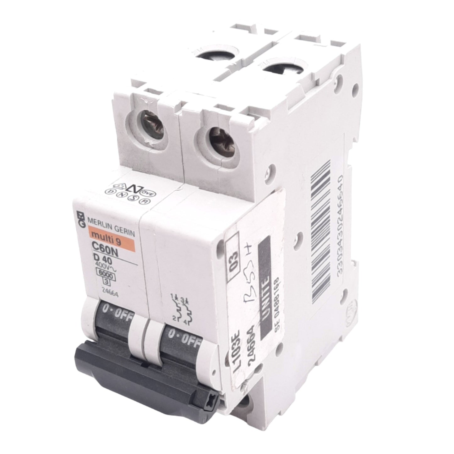 Used Merlin Gerin 24664 C60N-2P-40A-D Circuit Breaker, 400VAC Max, 40A, DIN Rail