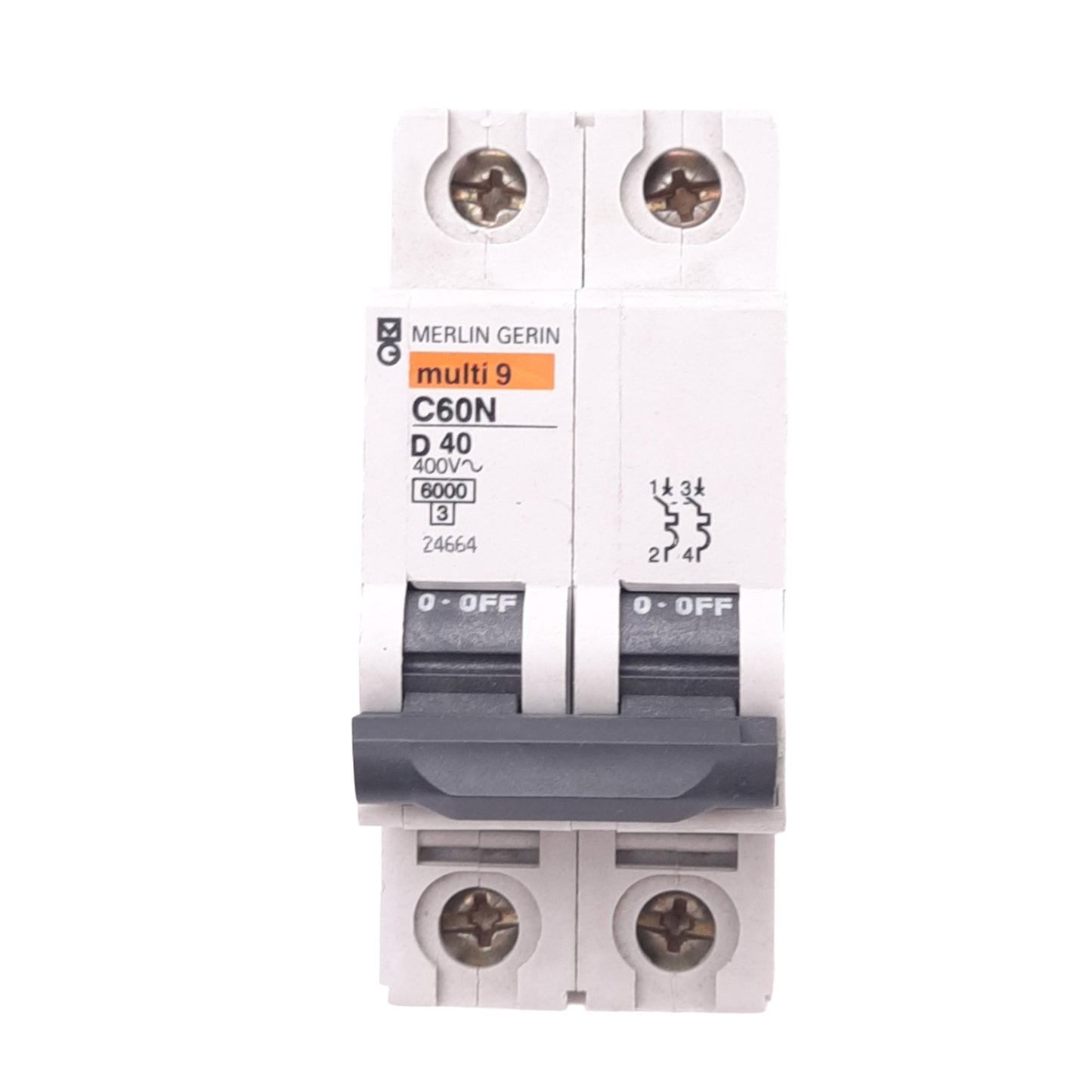 Used Merlin Gerin 24664 C60N-2P-40A-D Circuit Breaker, 400VAC Max, 40A, DIN Rail