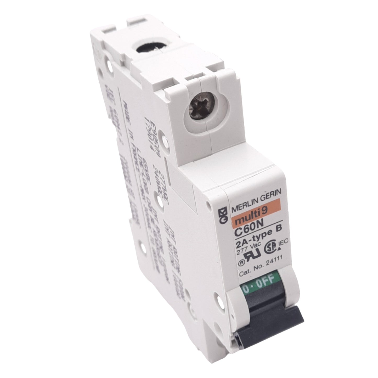 Used Merlin Gerin 24111 C60N-1P-2A-B Circuit Breaker, 277VAC Max, 2A, DIN Rail