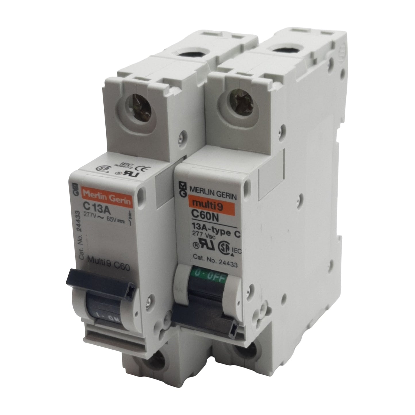 Used Lot of 2 Merlin Gerin 24433 Circuit Breaker, 1-Pole, 13A 277VAC/65VDC, DIN Rail