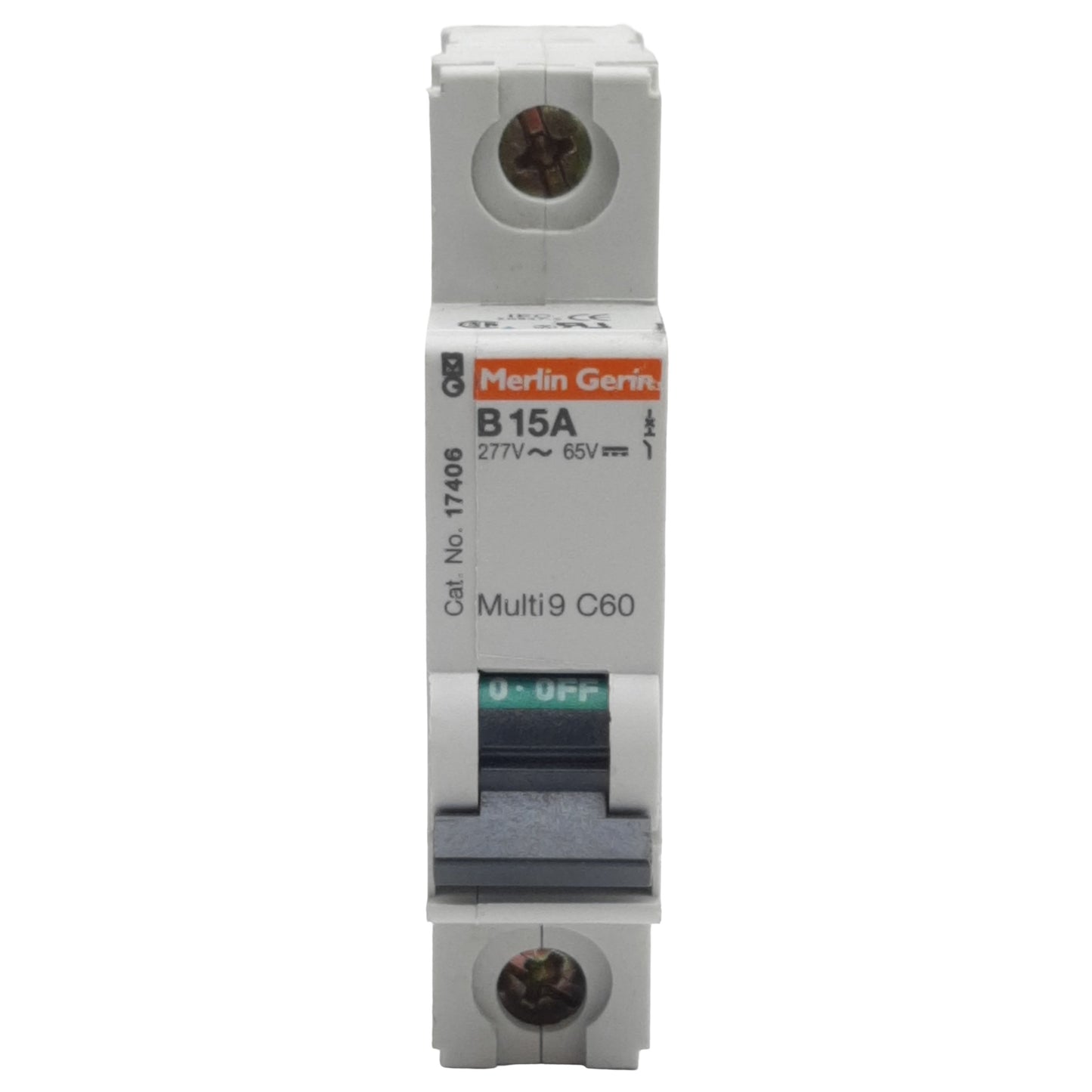 Used Merlin Gerin 17406 Circuit Breaker, 1-Pole, 15A 277VAC/65VDC, B-Curve, DIN Rail