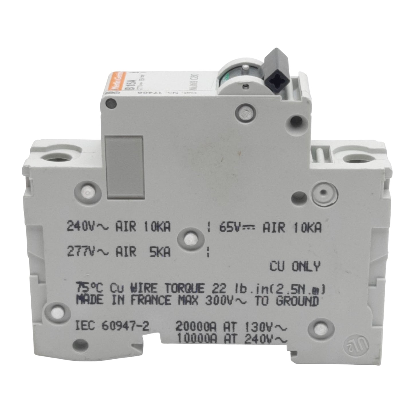 Used Merlin Gerin 17406 Circuit Breaker, 1-Pole, 15A 277VAC/65VDC, B-Curve, DIN Rail