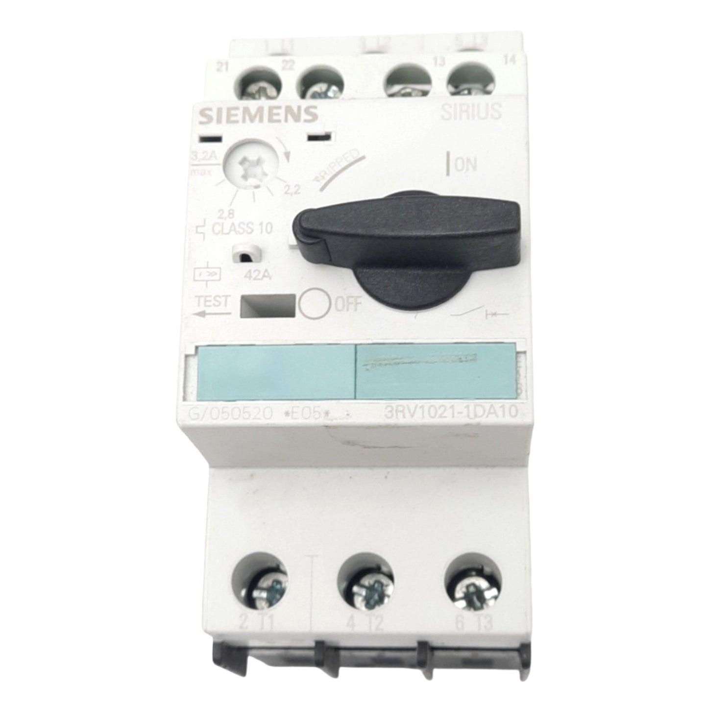 Used Siemens 3RV1021-1DA10 Motor Circuit Breaker, 3-Pole, 1NO 1NC Aux, 2.2-3.2A