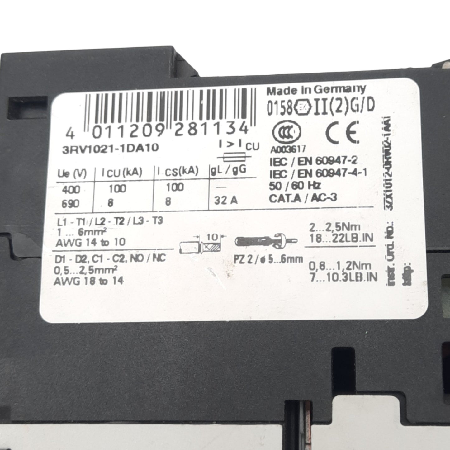 Used Siemens 3RV1021-1DA10 Motor Circuit Breaker, 3-Pole, 1NO 1NC Aux, 2.2-3.2A