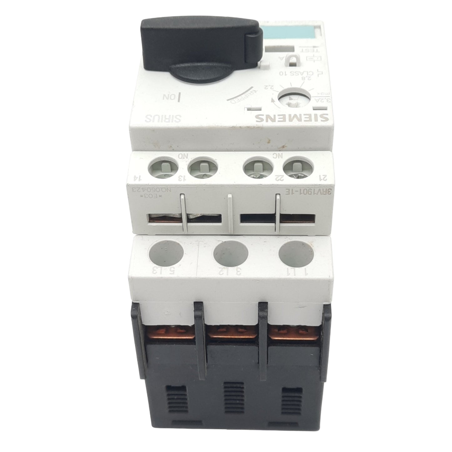 Used Siemens 3RV1021-1DA10 Motor Circuit Breaker, 3-Pole, 1NO 1NC Aux, 2.2-3.2A