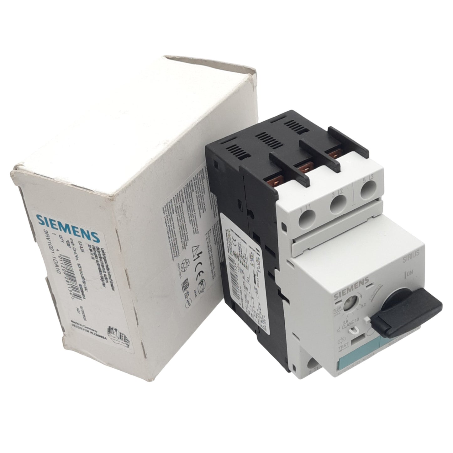 New Siemens 3RV1021-1DA10 Motor Circuit Breaker, 3-Pole, 1NO 1NC Aux, 2.2-3.2A